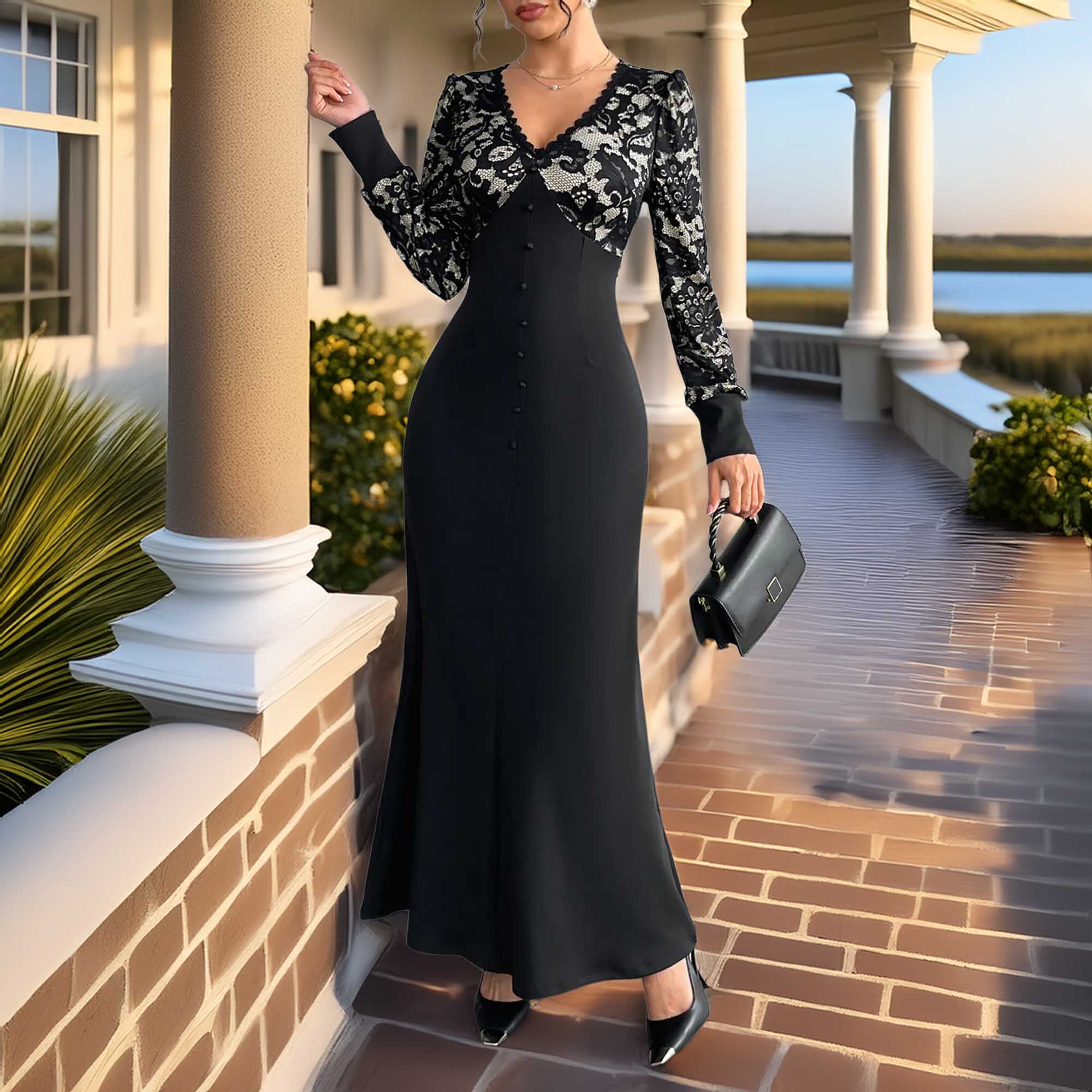 Lace V-Neck Long Sleeve Maxi Dress