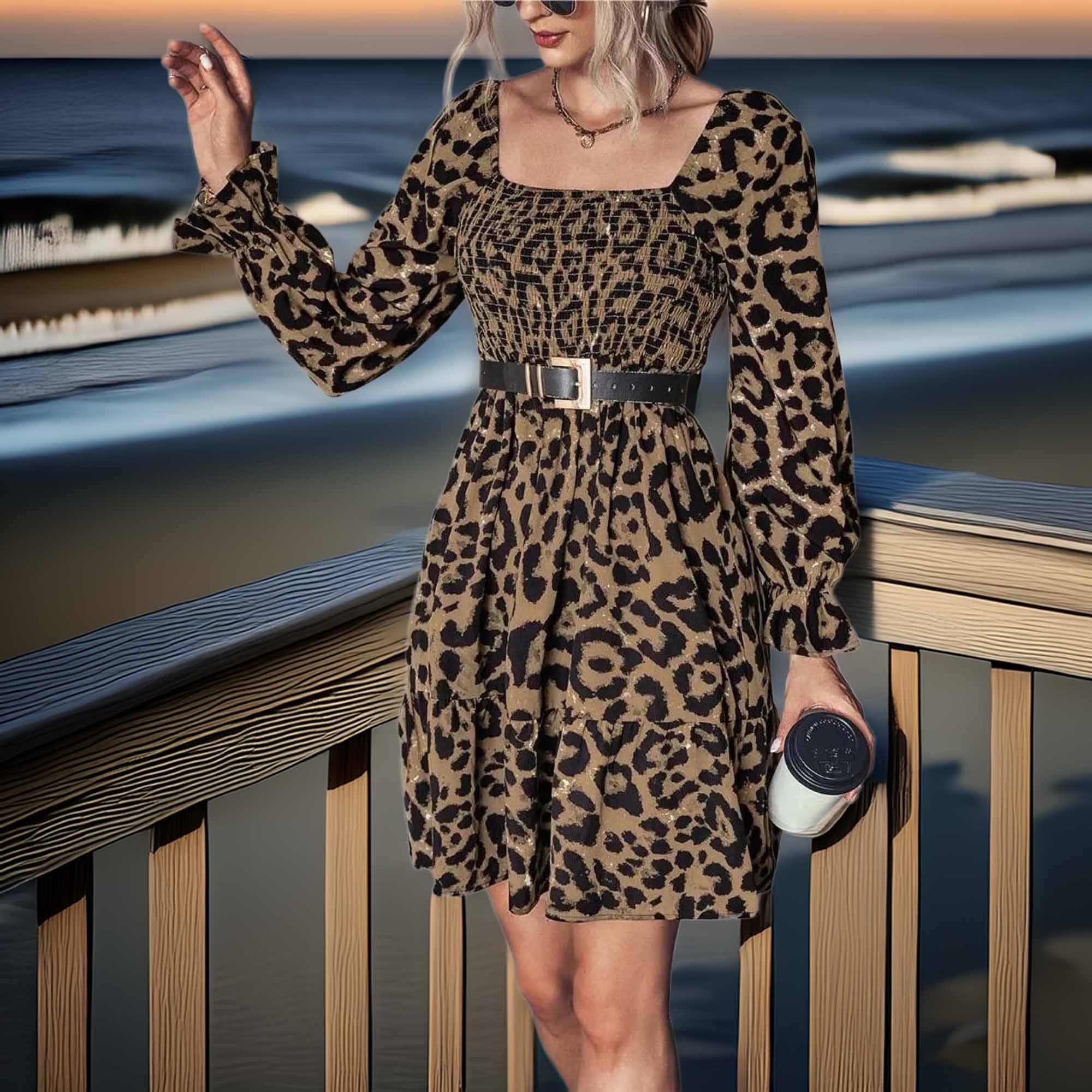 Leopard Smocked Flounce Sleeve Mini Dress - Southern Shores Clothing