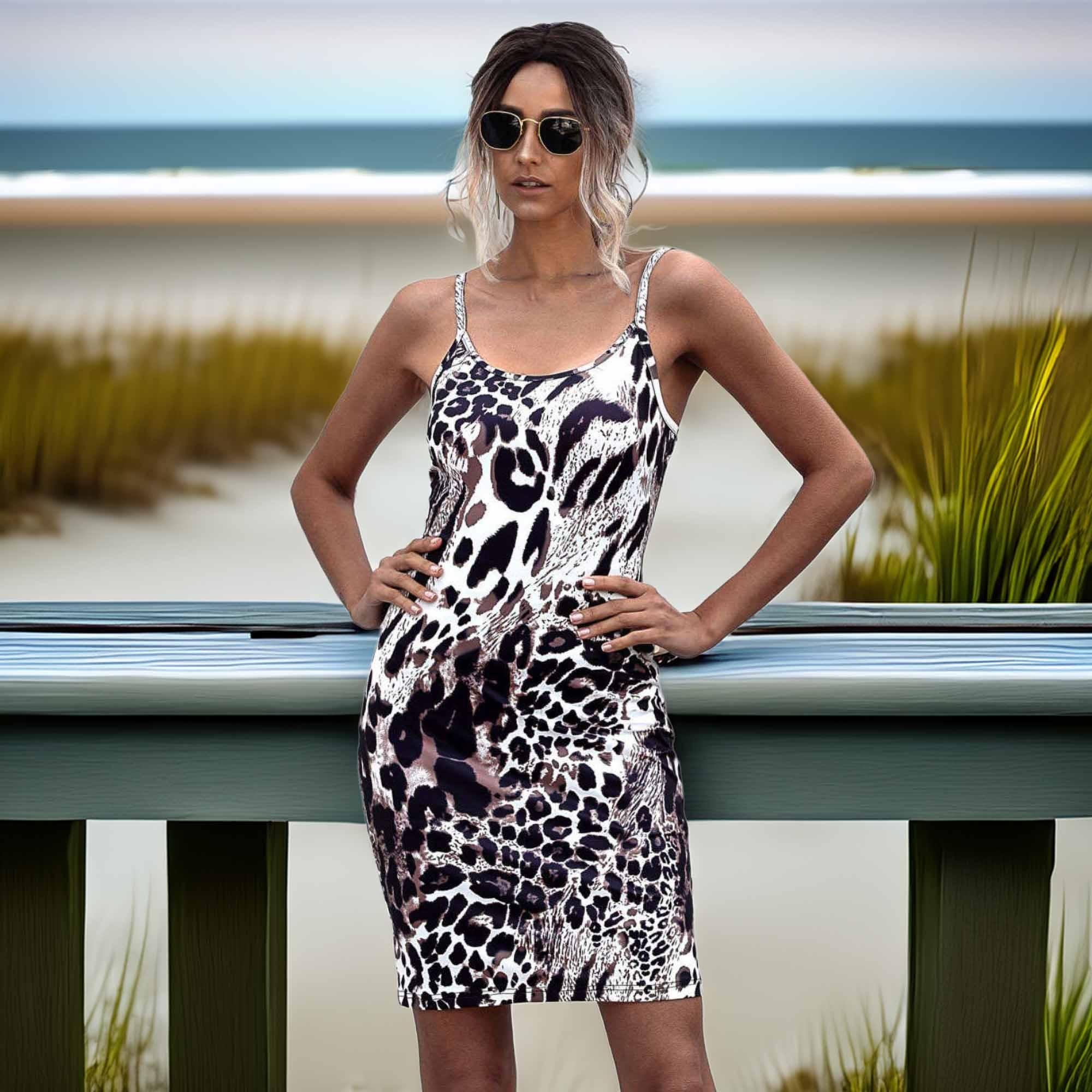 Leopard Spaghetti Strap Bodycon Dress - Southern Shores Clothing