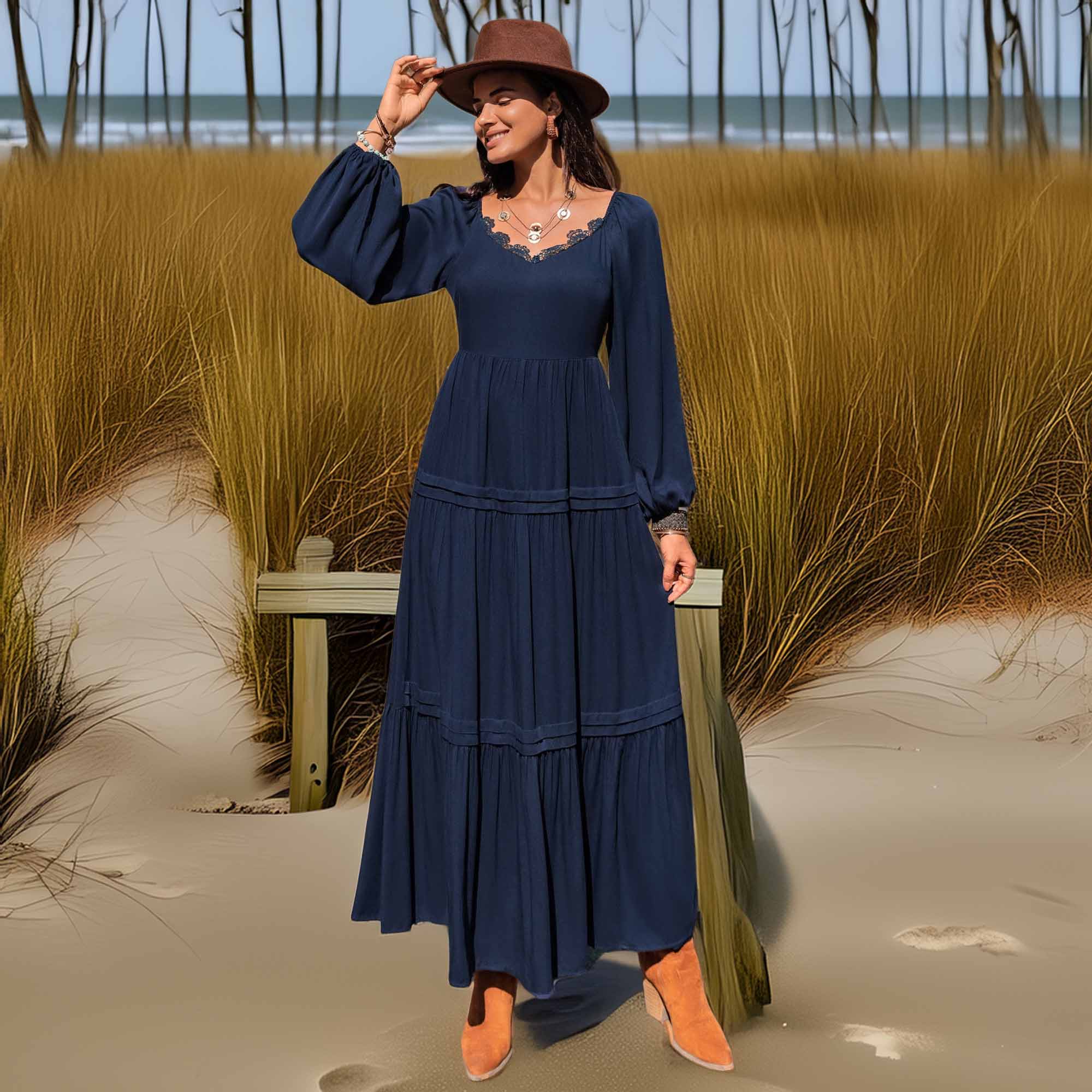 Long Sleeve Lace Trim Maxi Dress