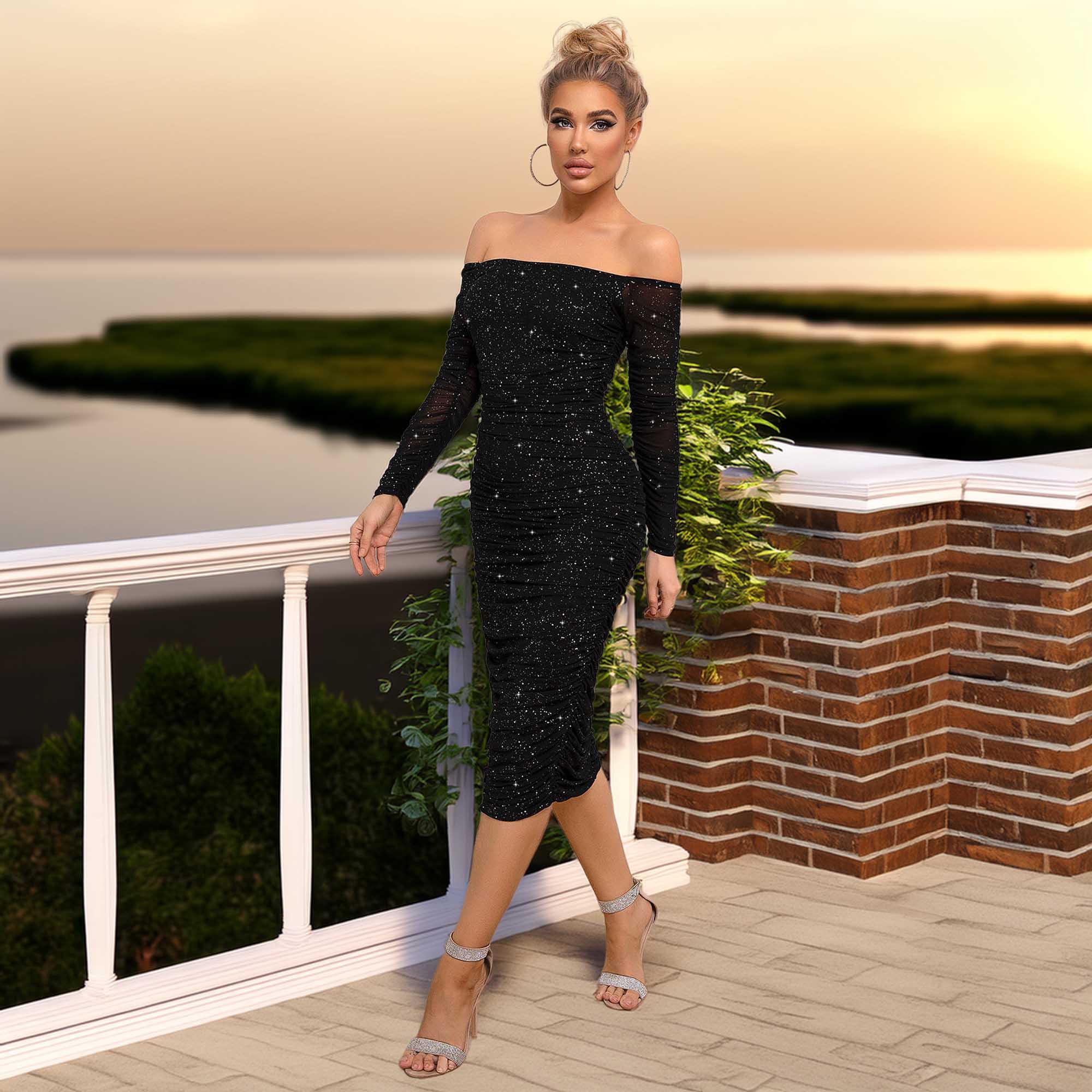 Long Sleeve Off-Shoulder Ruched Dress