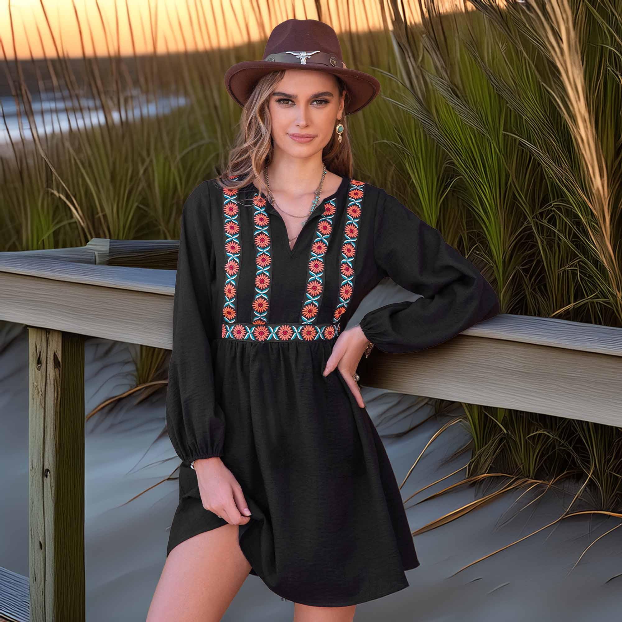 Notched Neck Long Sleeve Printed Mini Dress - Southern Shores Clothing