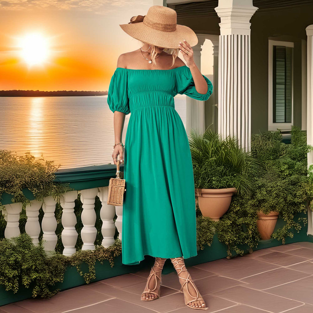 Off-Shoulder Balloon Sleeve Midi Dress