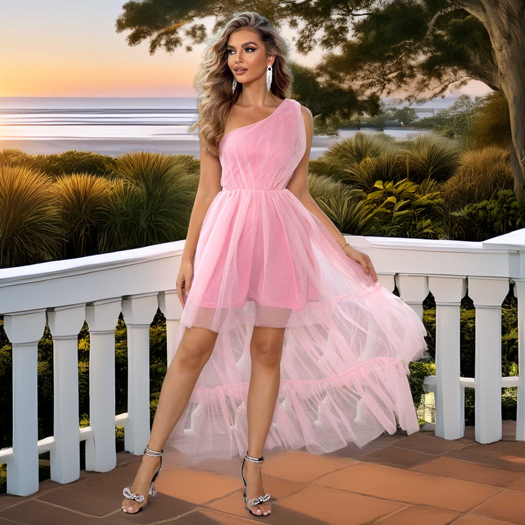 One-Shoulder Sleeveless High-Low Dress