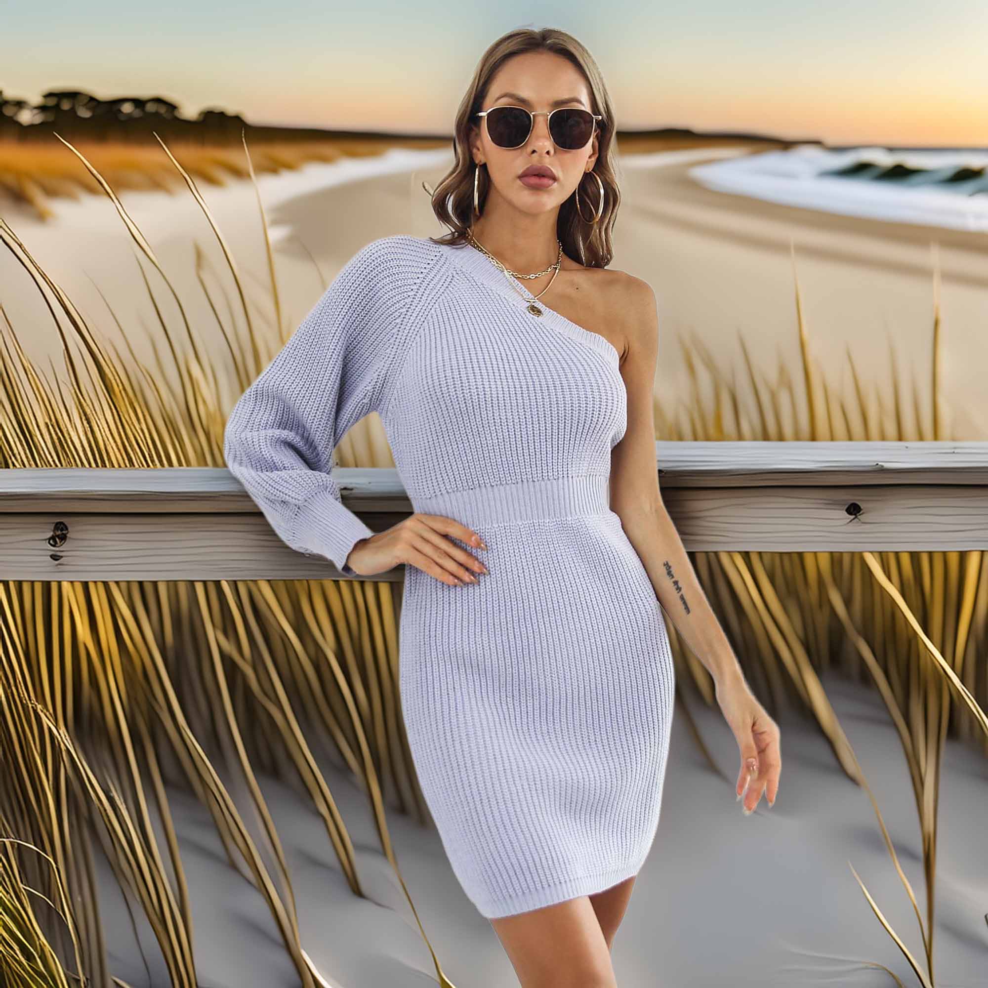 One Shoulder Raglan Sleeve Pencil Sweater Dress
