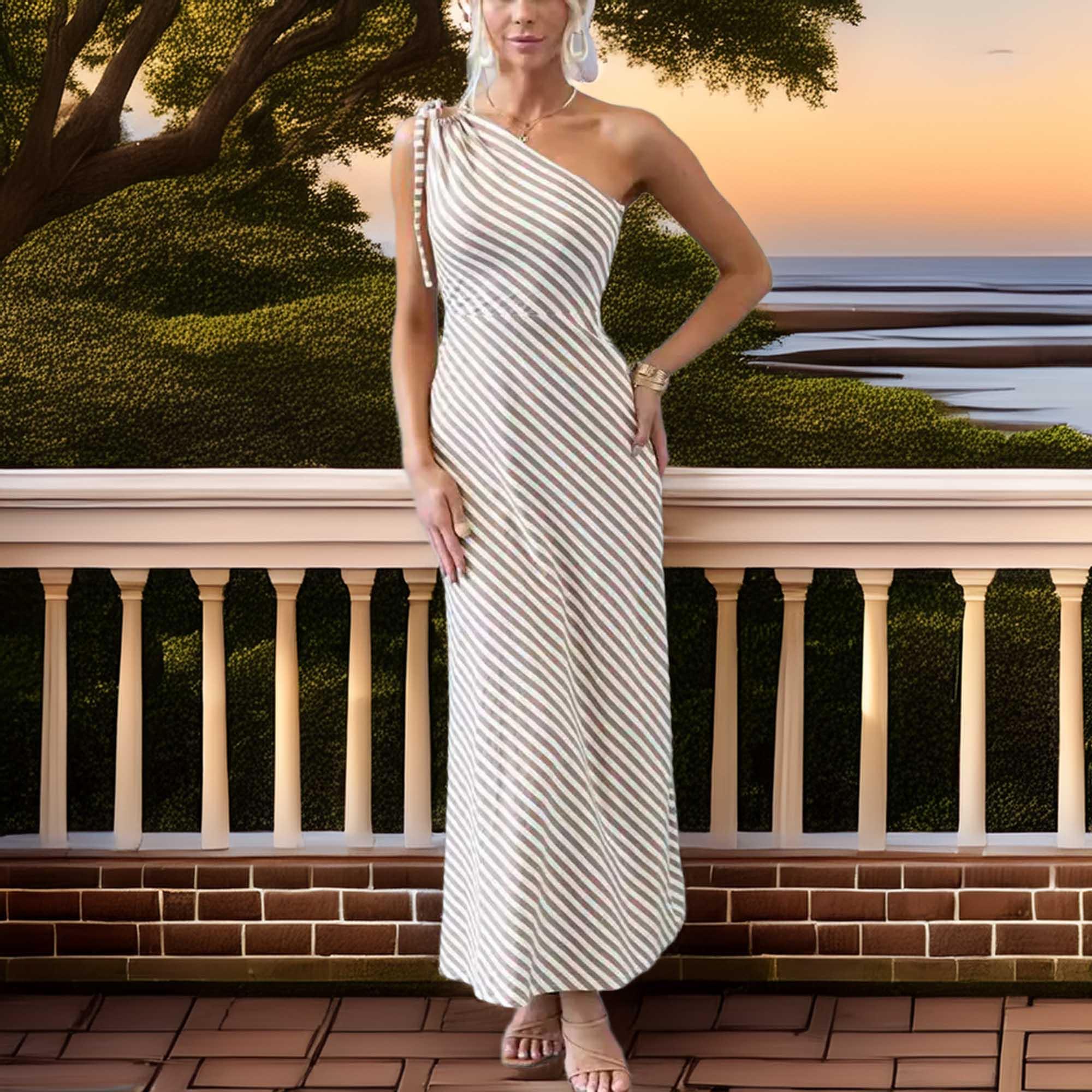 One Shoulder Striped Maxi Dress For Everyday Wear - Southern Shores Clothing