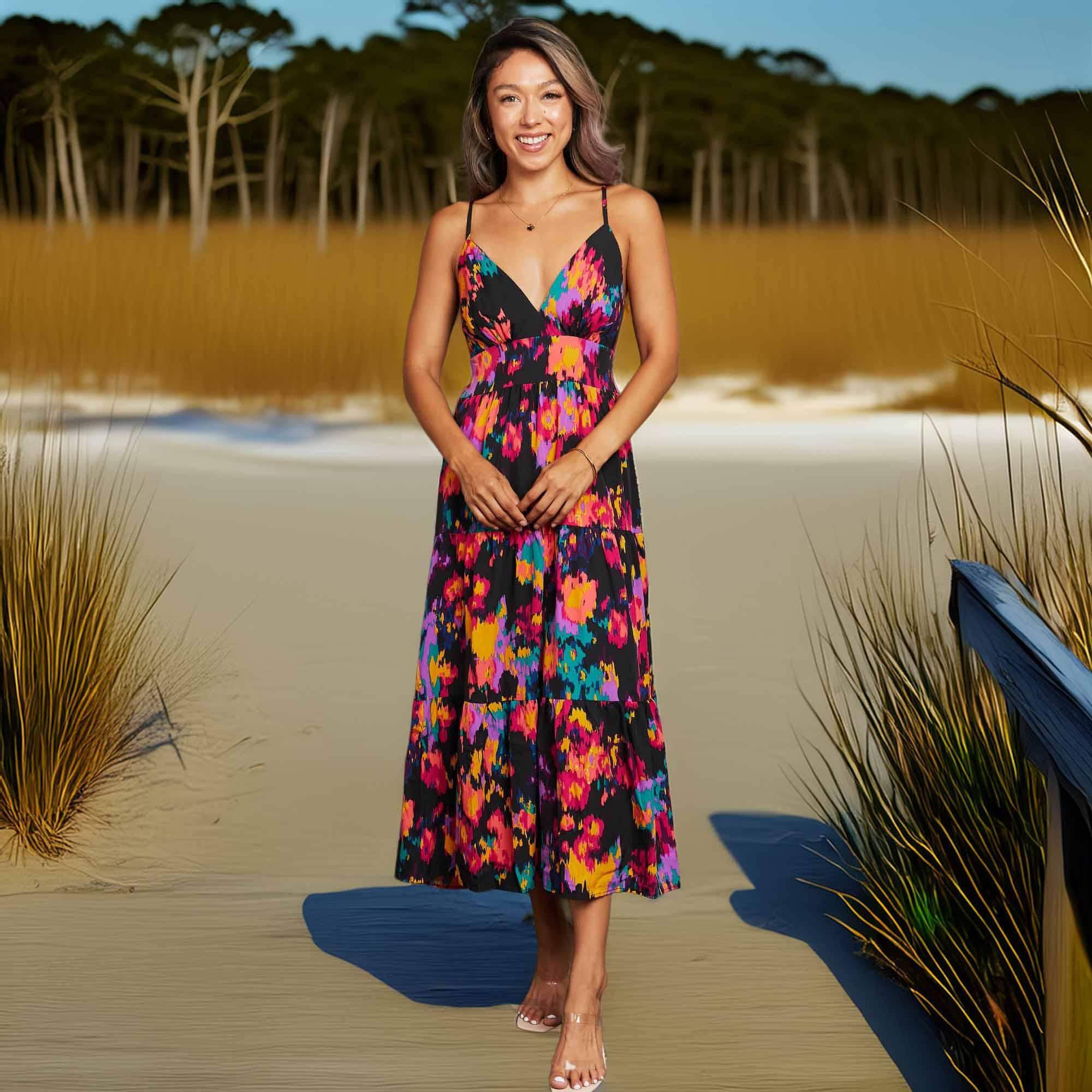 Perfee Cutout Spaghetti Strap Tiered Dress - Southern Shores Clothing