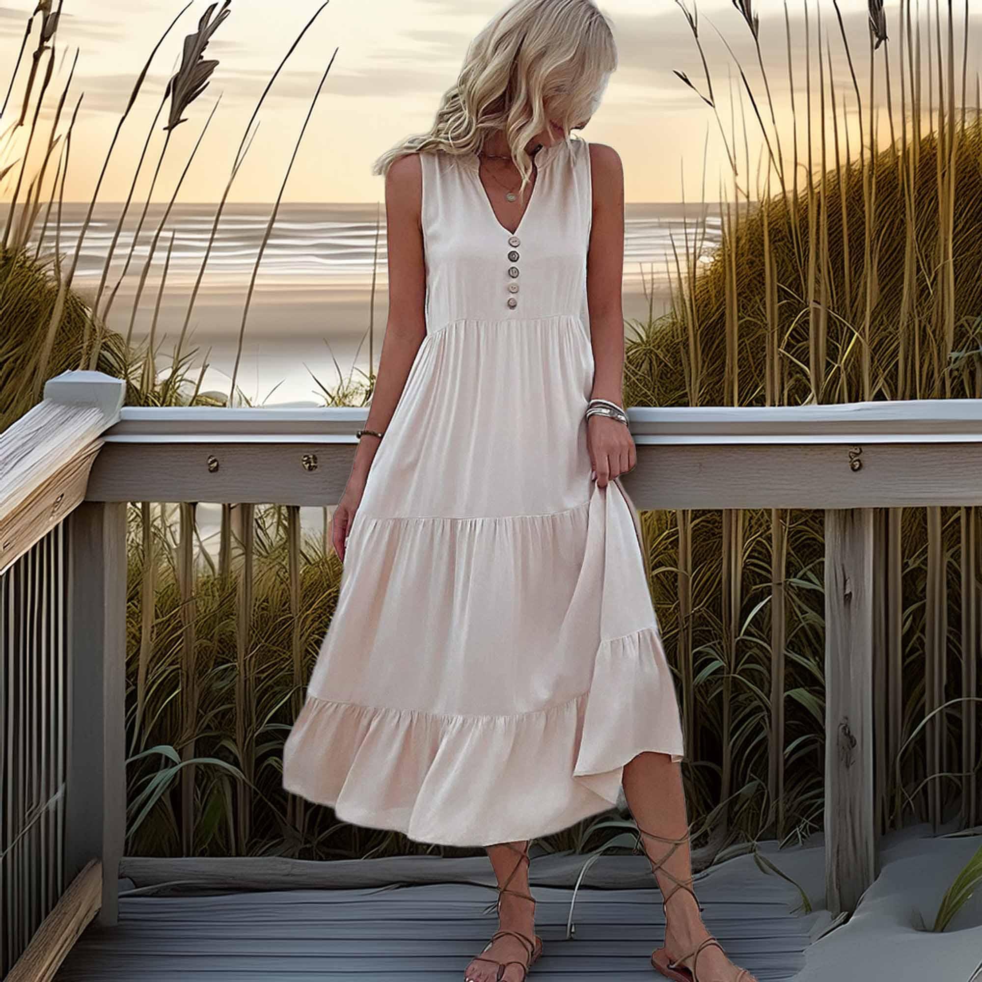 Decorative Button Sleeveless Tiered Dress - Southern Shores Clothing