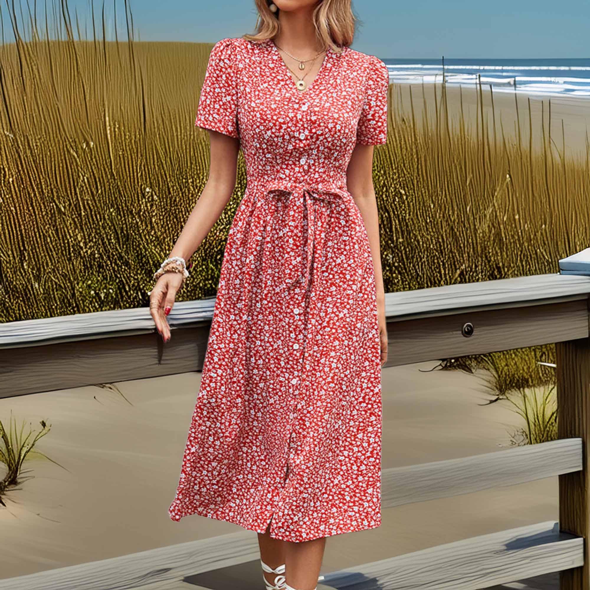 Ditsy Floral Button Front Tied Puff Sleeve Dress - Southern Shores Clothing