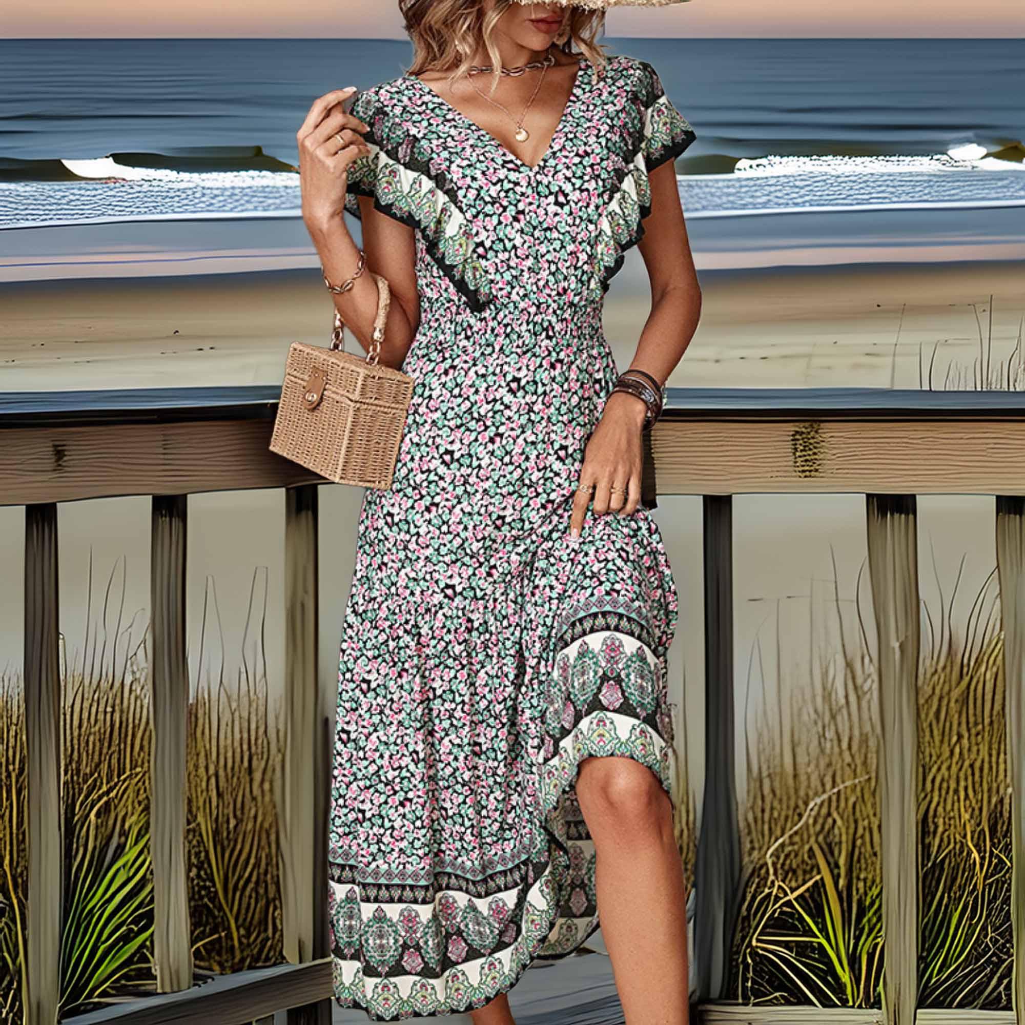 Ditsy Floral Ruffled Plunge Midi Casual Dress - Southern Shores Clothing