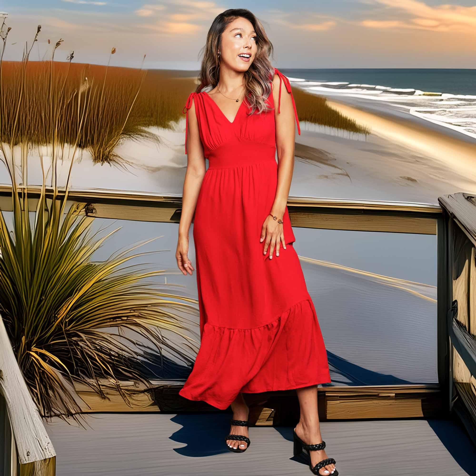 Casual Drawstring V Neck Sleeveless Maxi Dress - Southern Shores Clothing