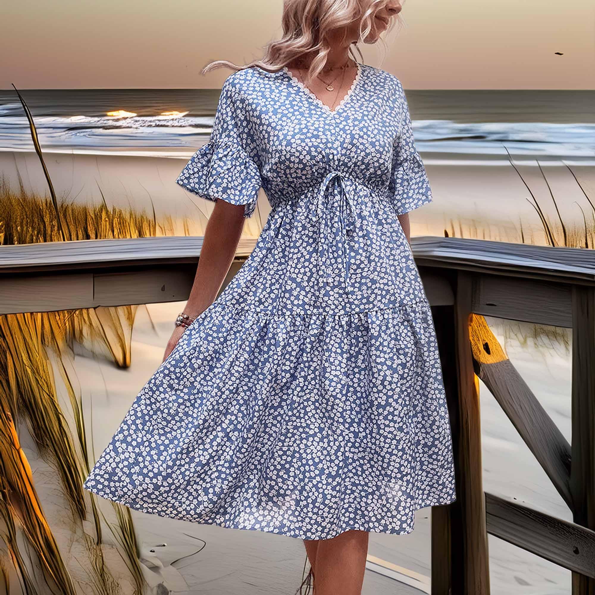 Floral Flounce Sleeve V Neck Lightweight Midi Dress - Southern Shores Clothing
