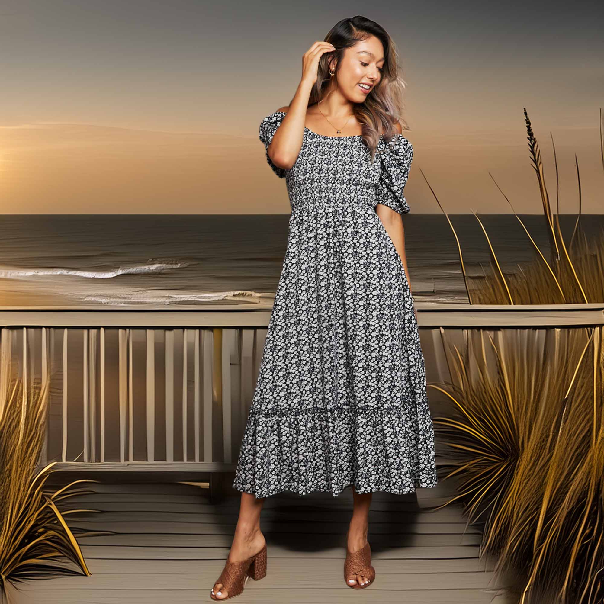 Perfee Floral Lace-Up Off-Shoulder Midi Dress