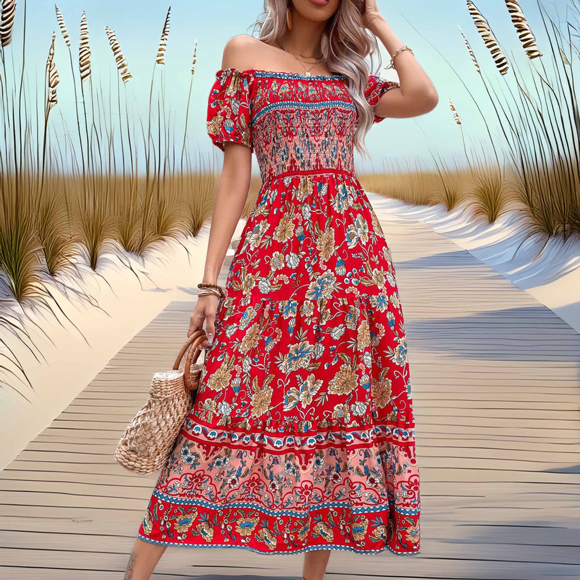Perfee Floral Off-Shoulder Smocked Midi Dress