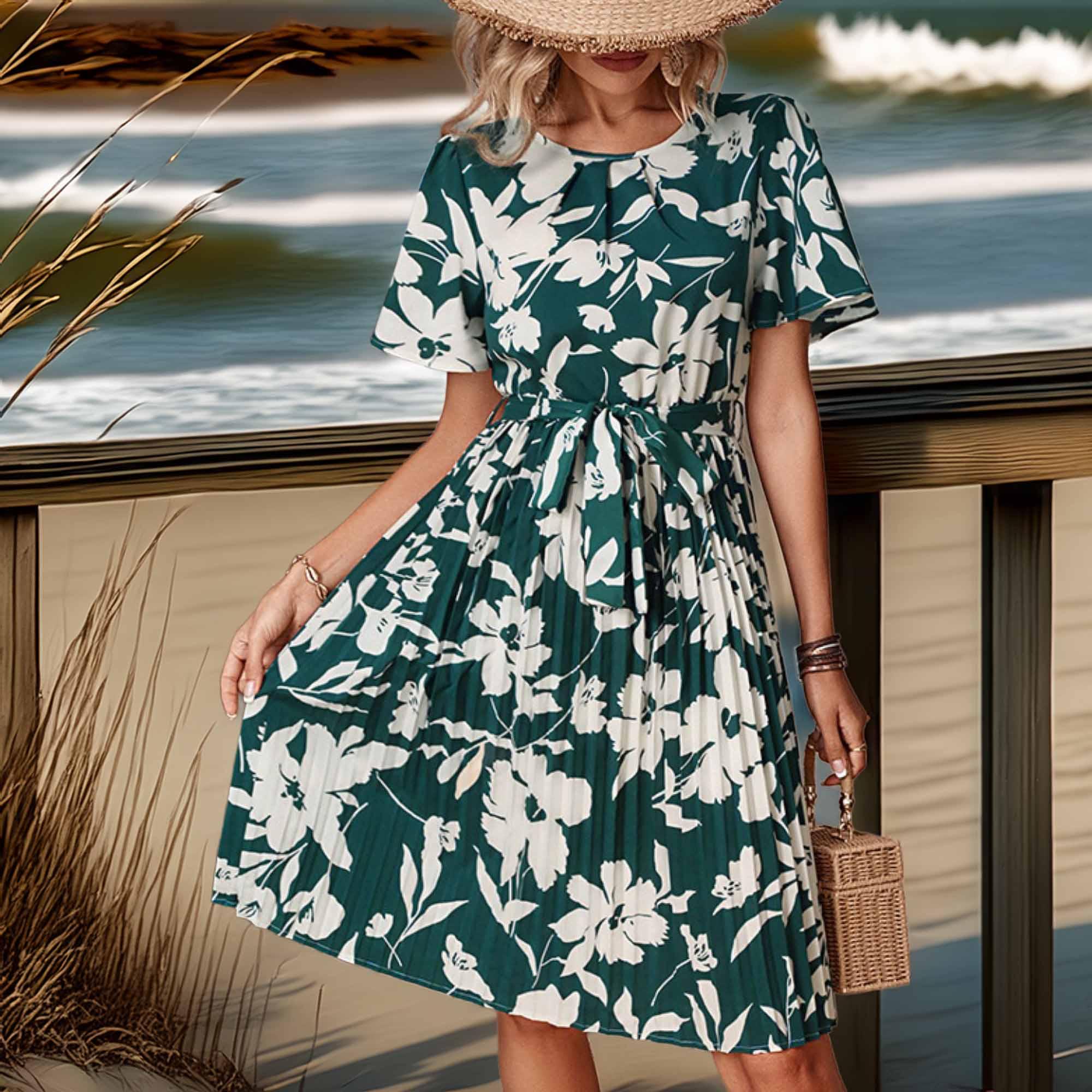 Floral Round Neck Tie Belt Pleated Dress - Southern Shores Clothing