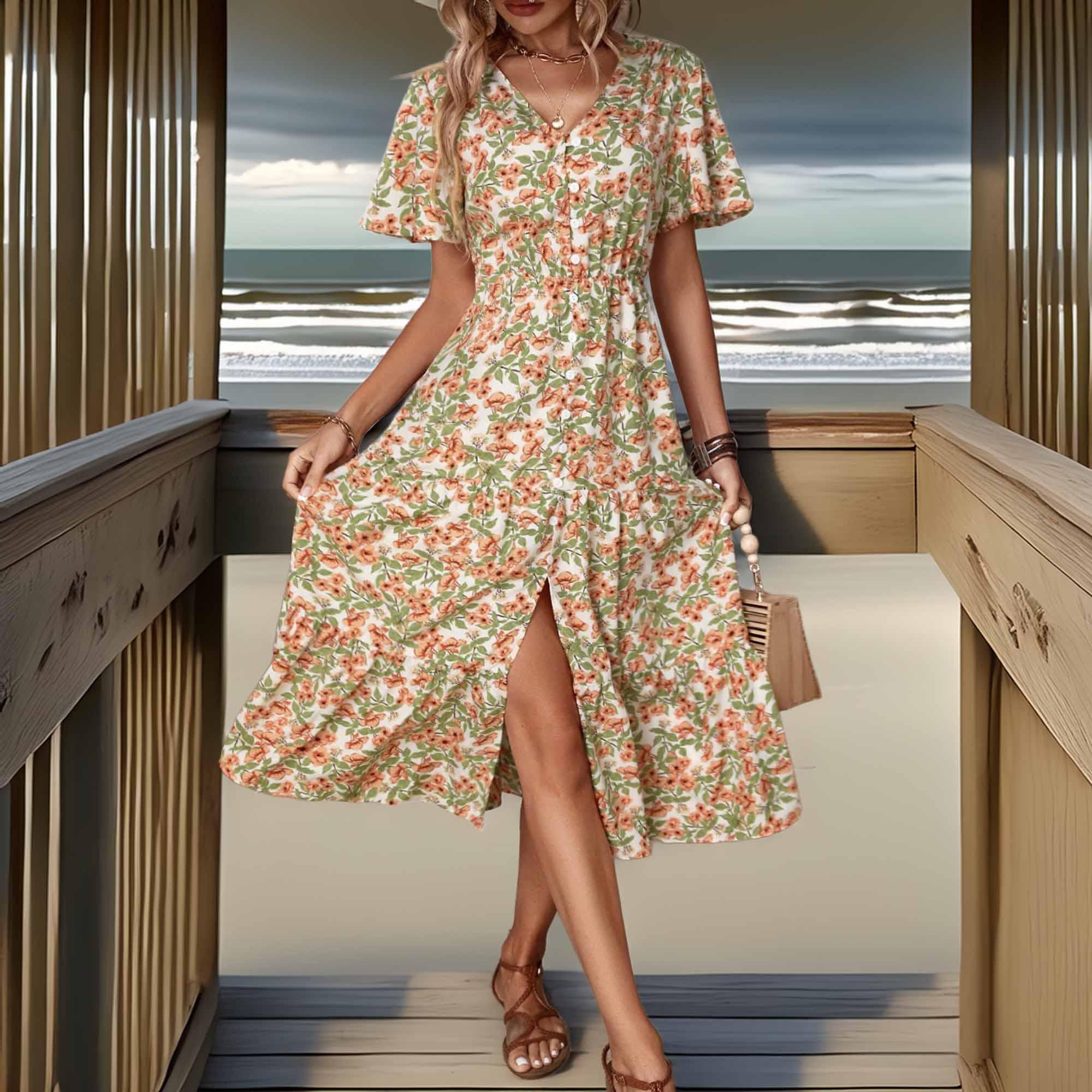 Perfee Floral V-Neck Front Slit Dress - Southern Shores Clothing