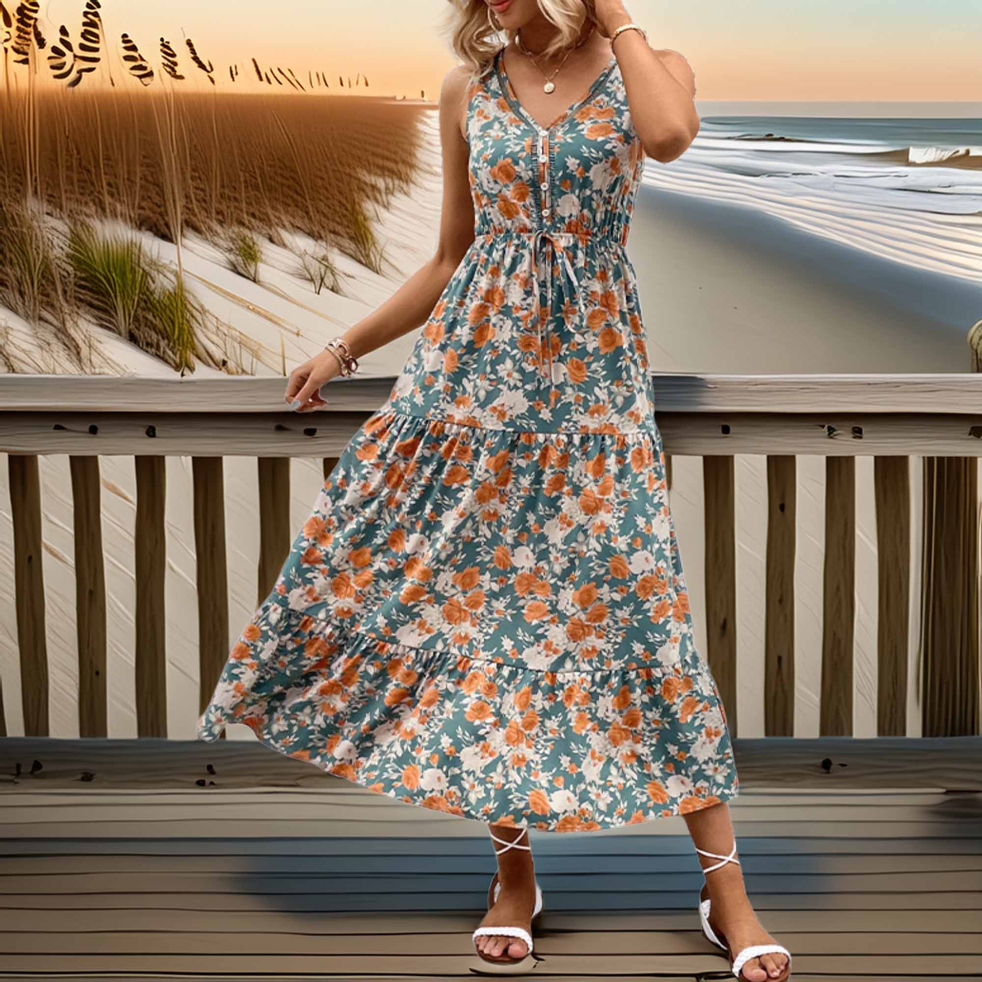 Perfee Floral V-Neck Tiered Sleeveless Dress