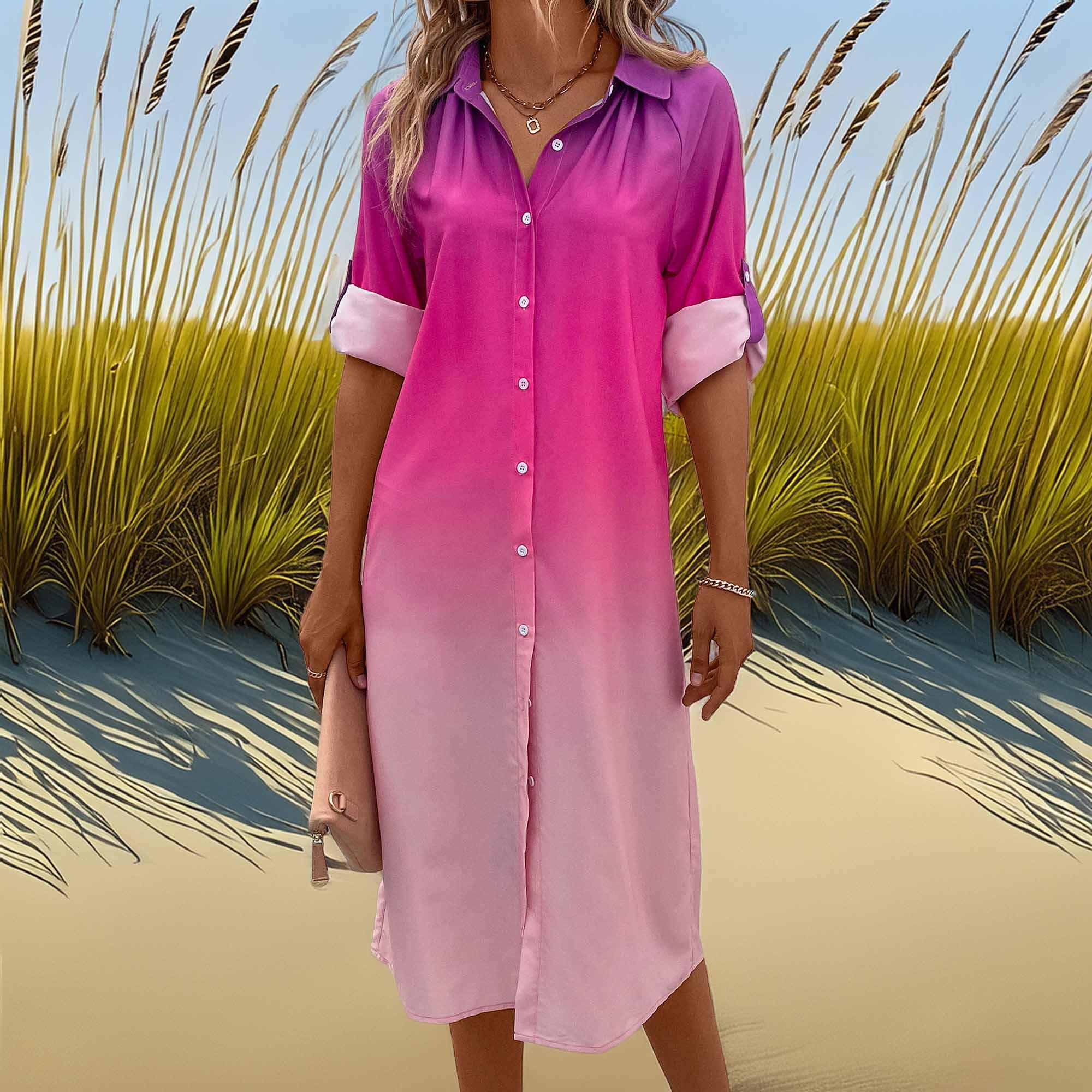 Gradient Long Sleeve Shirt Dress For Warm Weather - Southern Shores Clothing