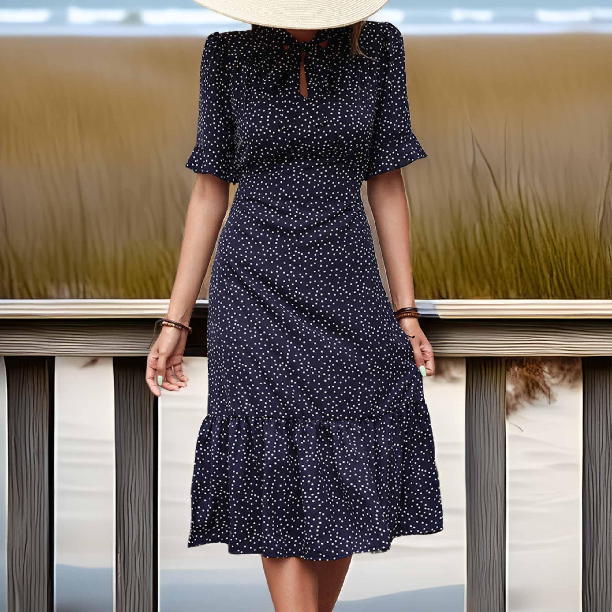 Perfee Polka Dot Tie Front Ruffled Midi Dress - Southern Shores Clothing