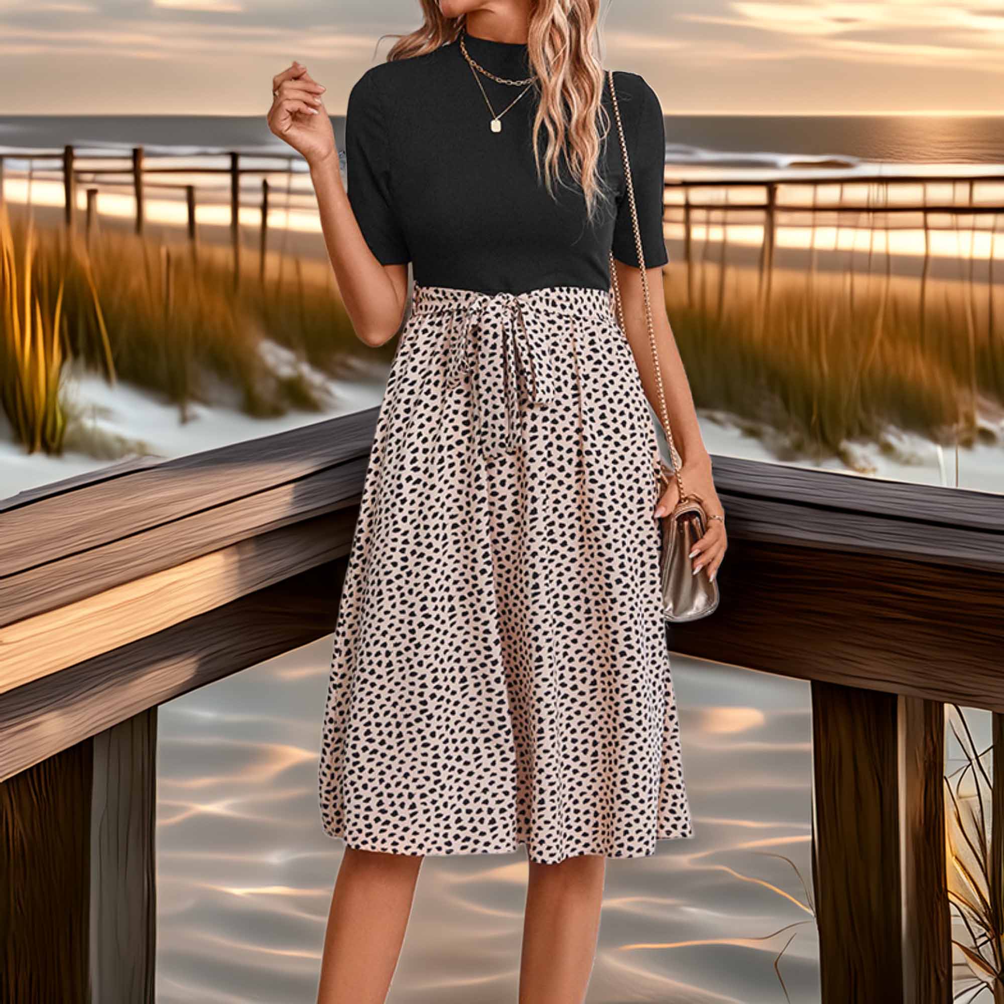Perfee Printed Short Sleeve Belted Dress