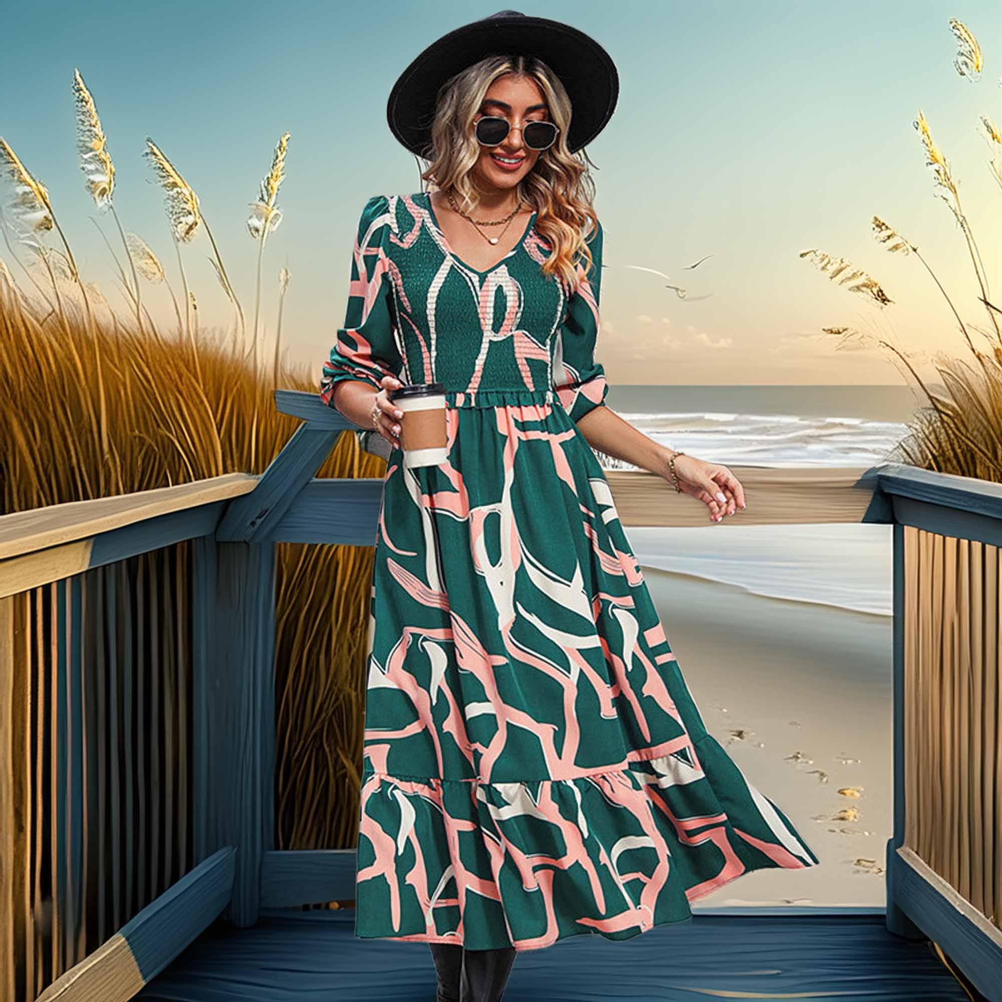 Perfee Printed Smocked V-Neck Three-Quarter Sleeve Midi Dress - Southern Shores Clothing