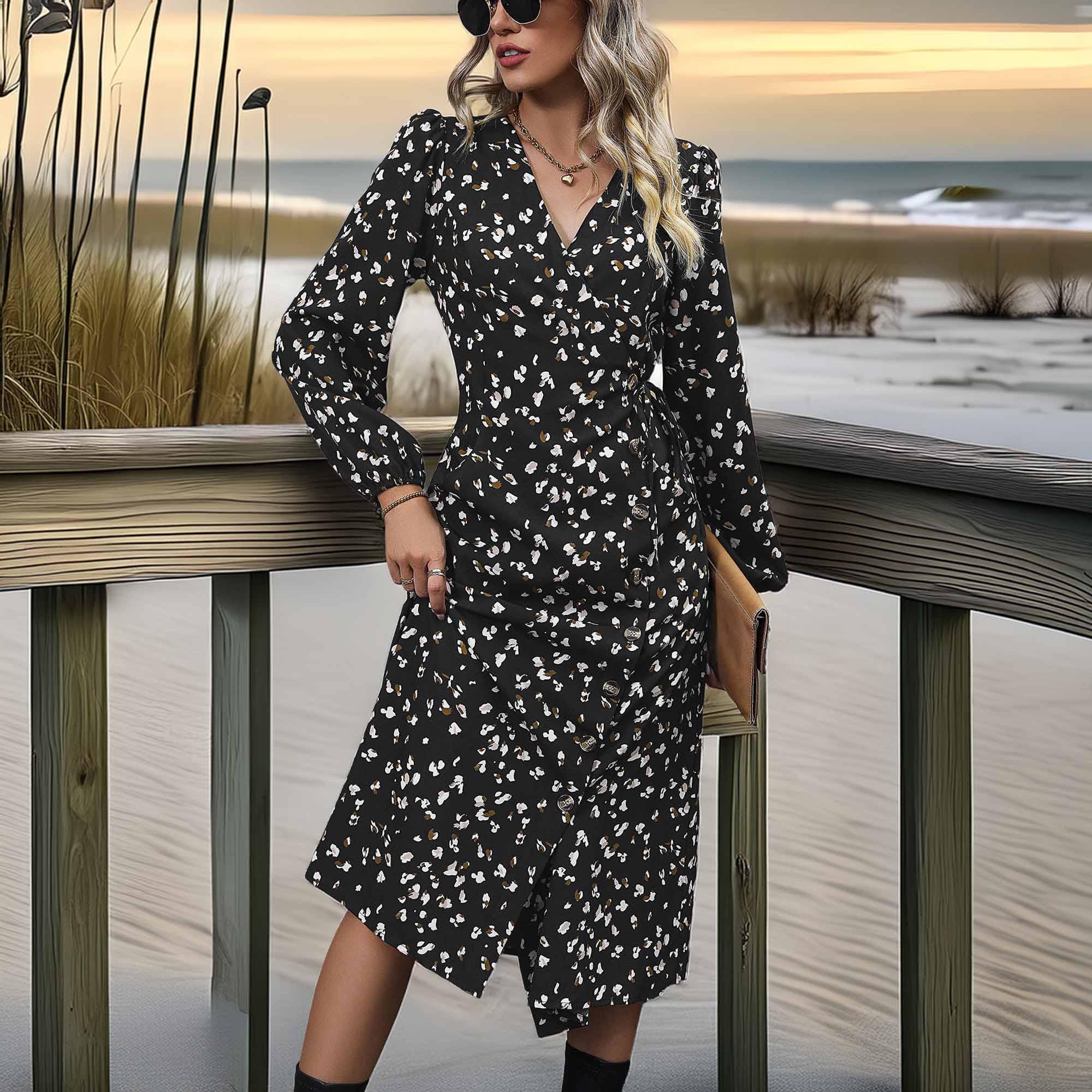 Perfee Printed Surplice Neck Long Sleeve Dress - Southern Shores Clothing