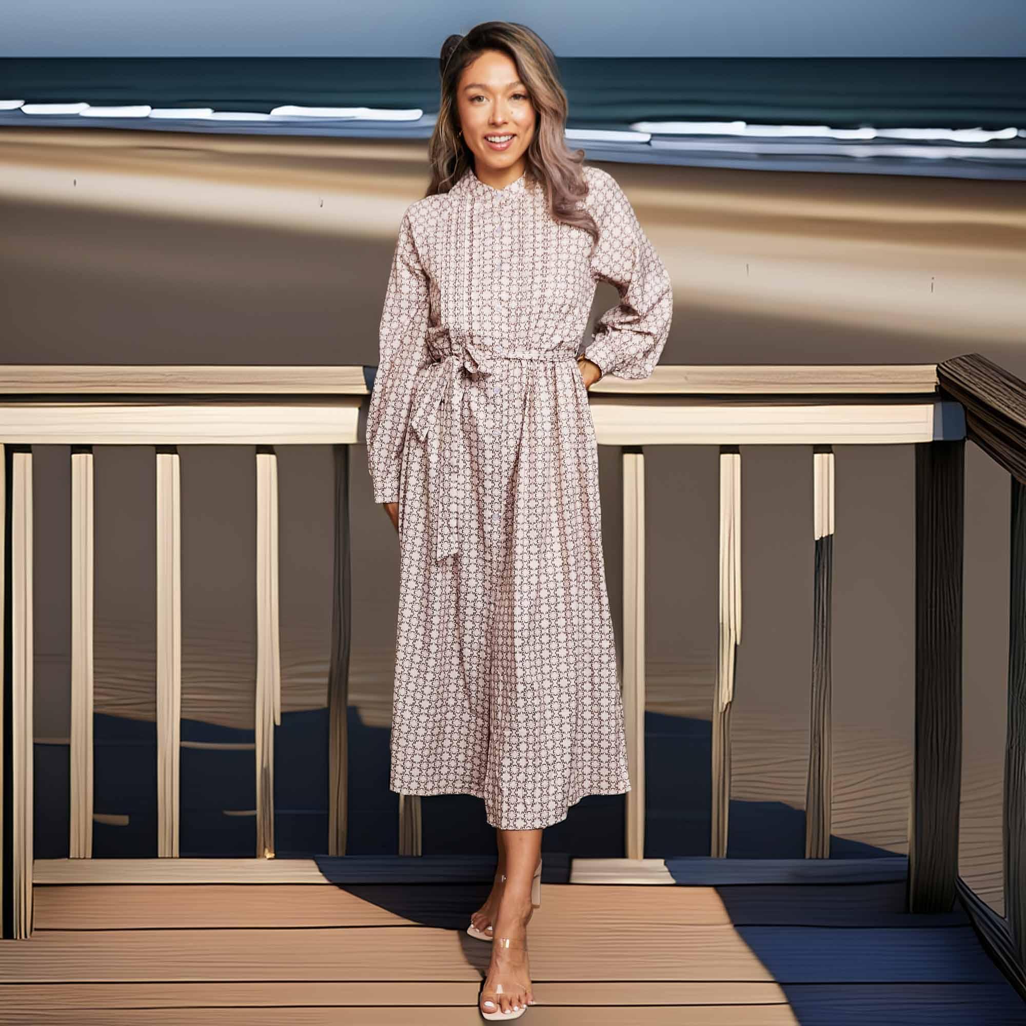 Printed Tie Waist Long Sleeve Midi Dress - Southern Shores Clothing