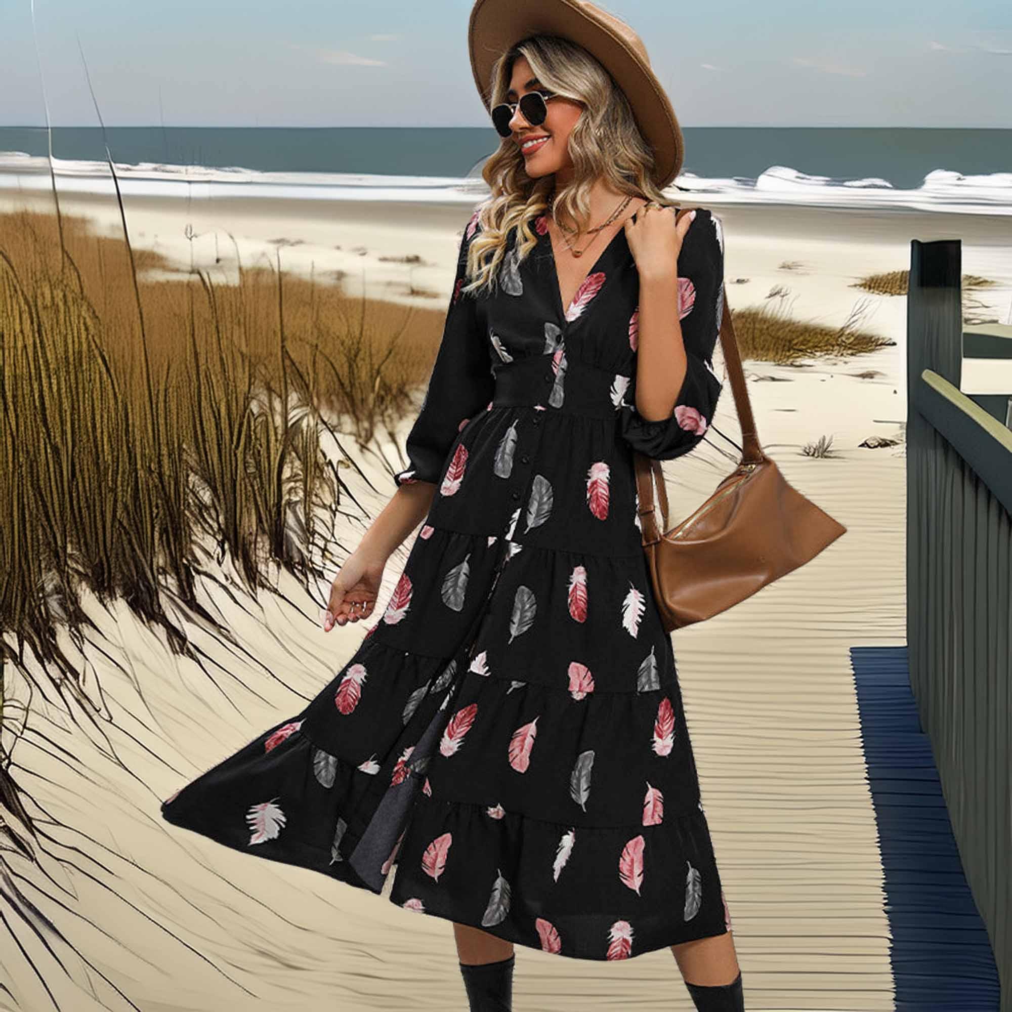 Perfee Printed V-Neck Slit Dress - Southern Shores Clothing
