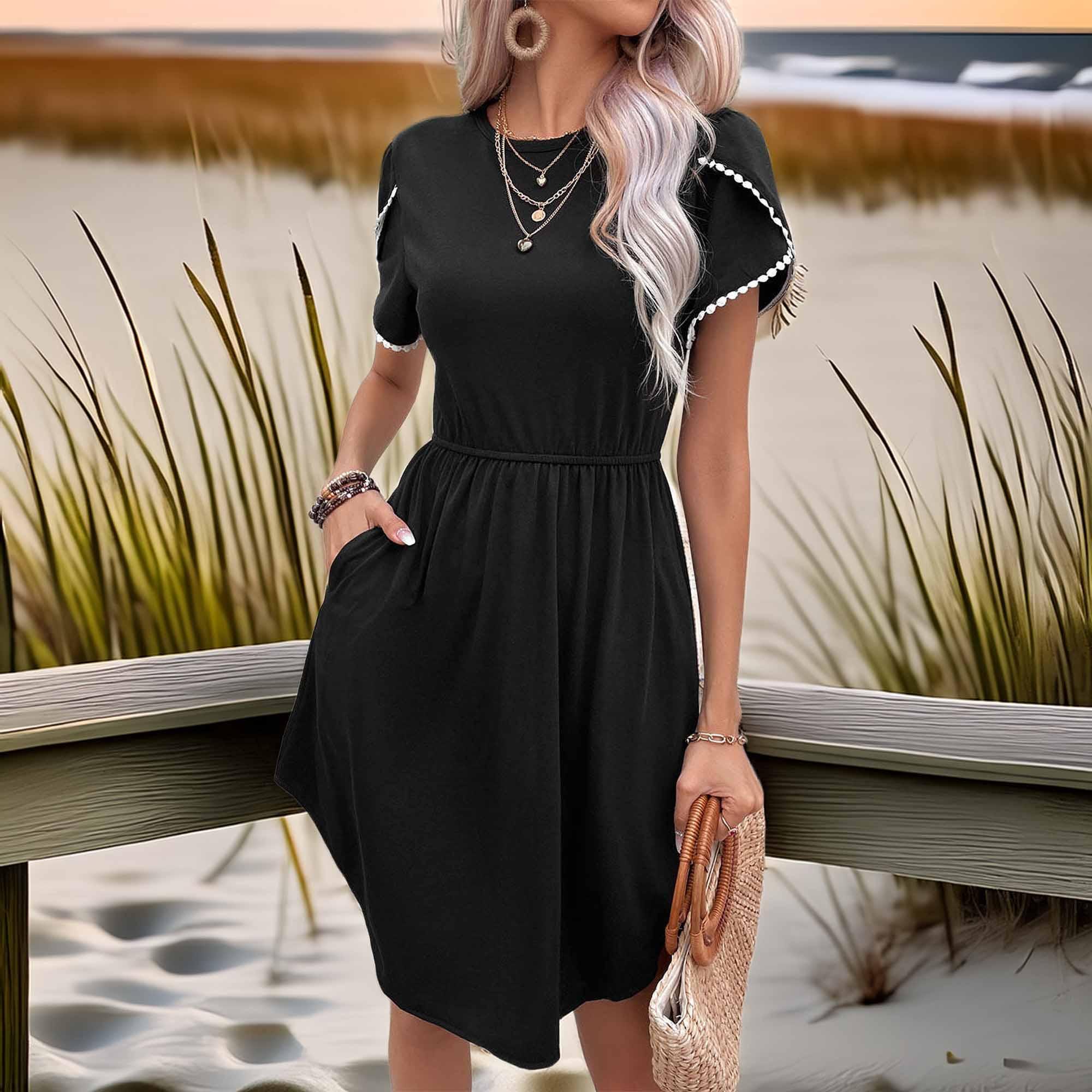 Perfee Round Neck Petal Sleeve Dress with Pockets - Southern Shores Clothing