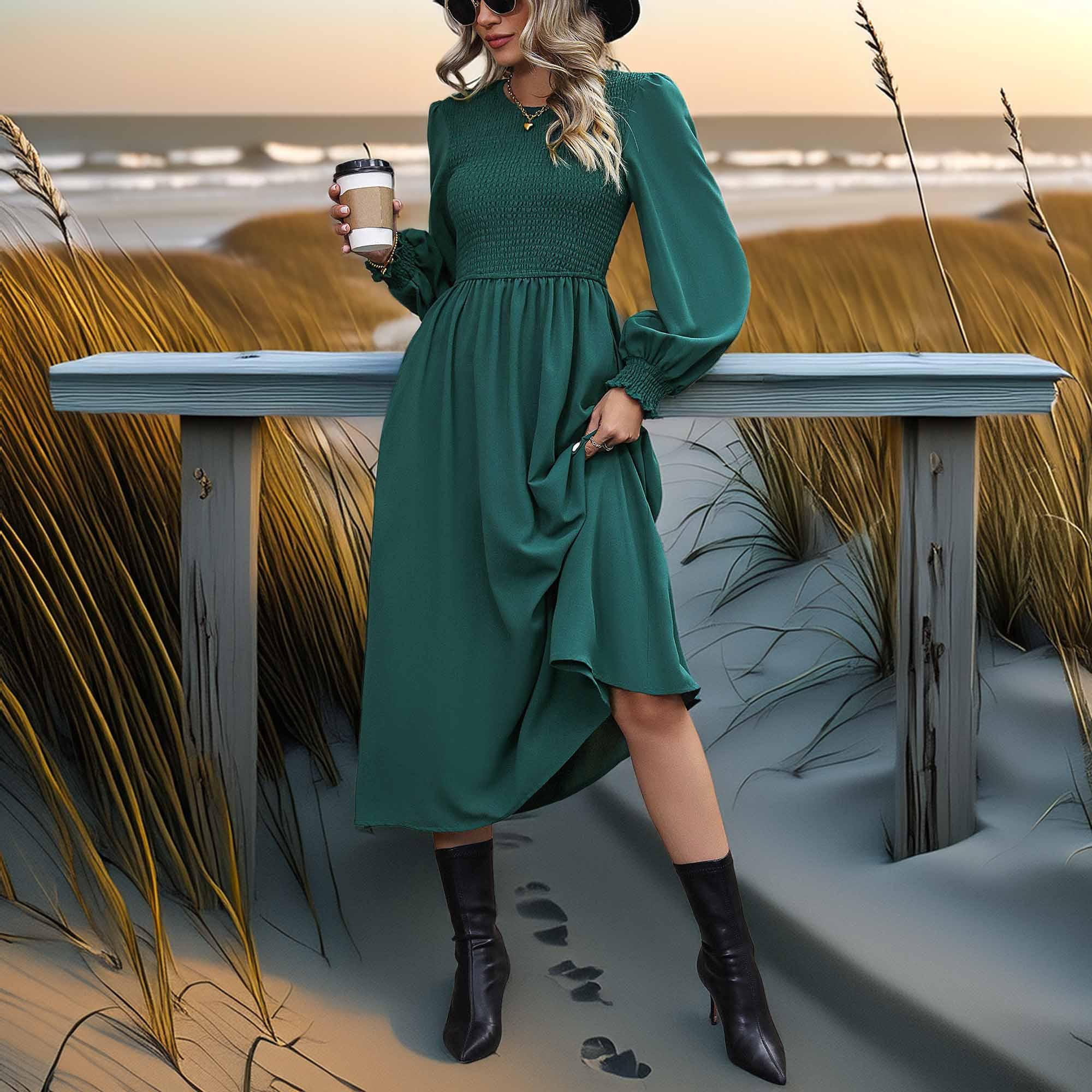 Smocked Long Sleeve Midi Dress For Coastal Activities - Southern Shores Clothing