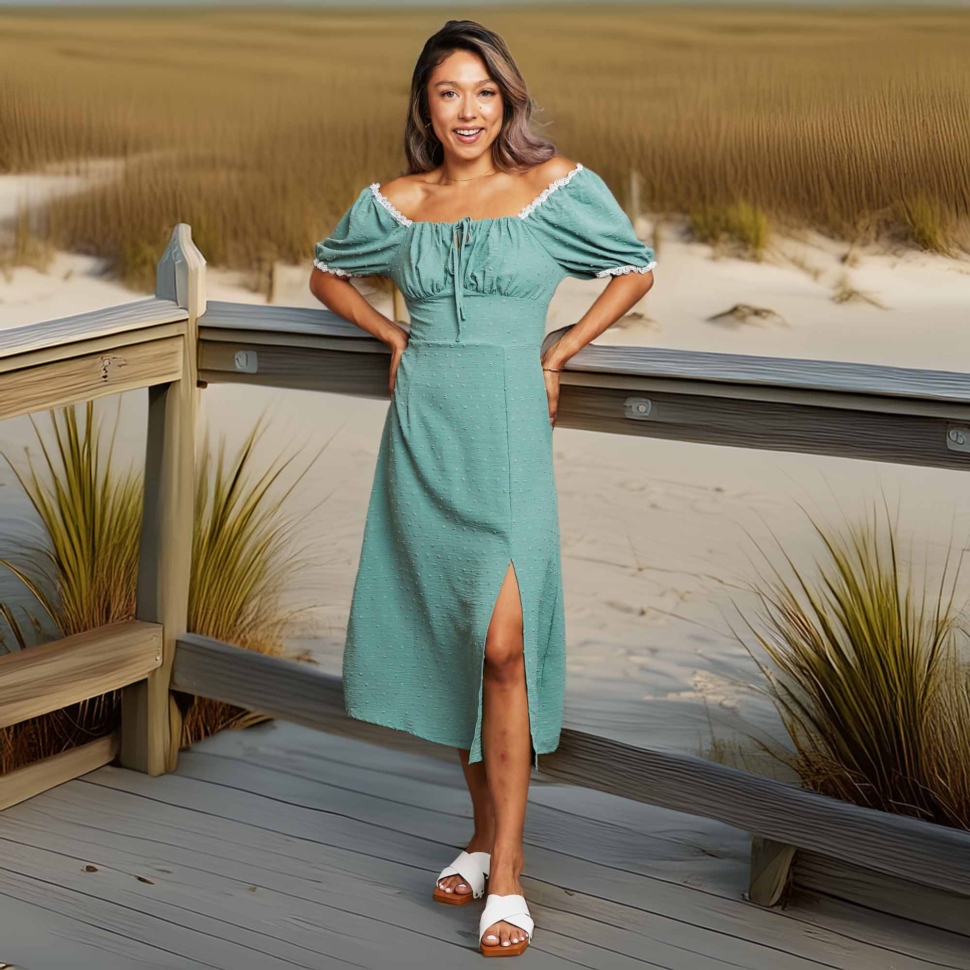 Perfee Swiss Dot Slit Off-Shoulder Dress