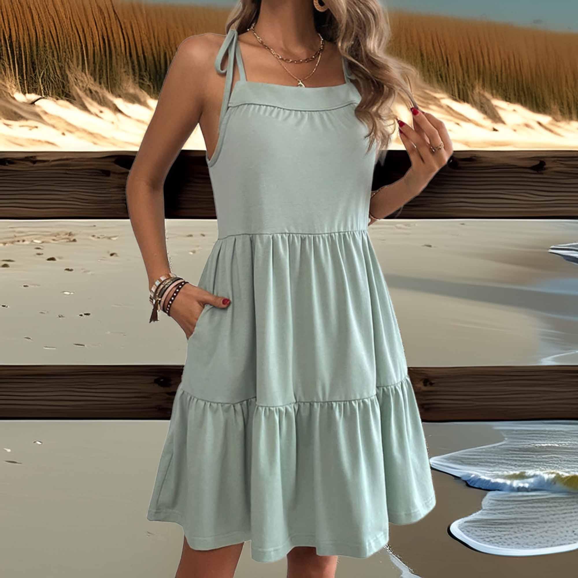 Casual Tiered Tie-Shoulder Dress With Pockets - Southern Shores Clothing