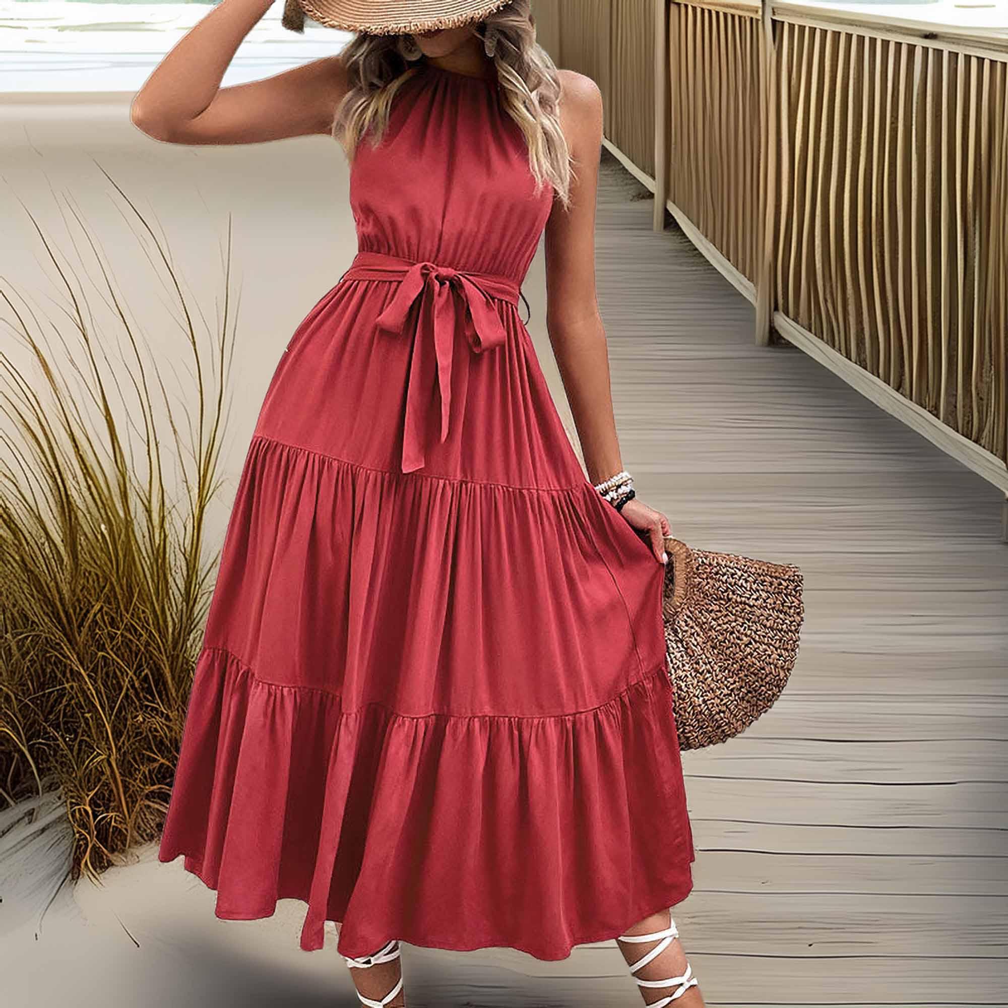 Perfee Tie Belt Tiered Midi Dress - Southern Shores Clothing