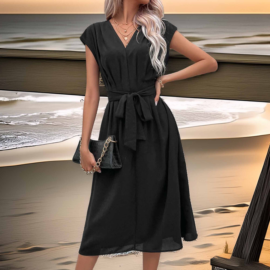 Perfee Tie Belt V-Neck Pleated Dress
