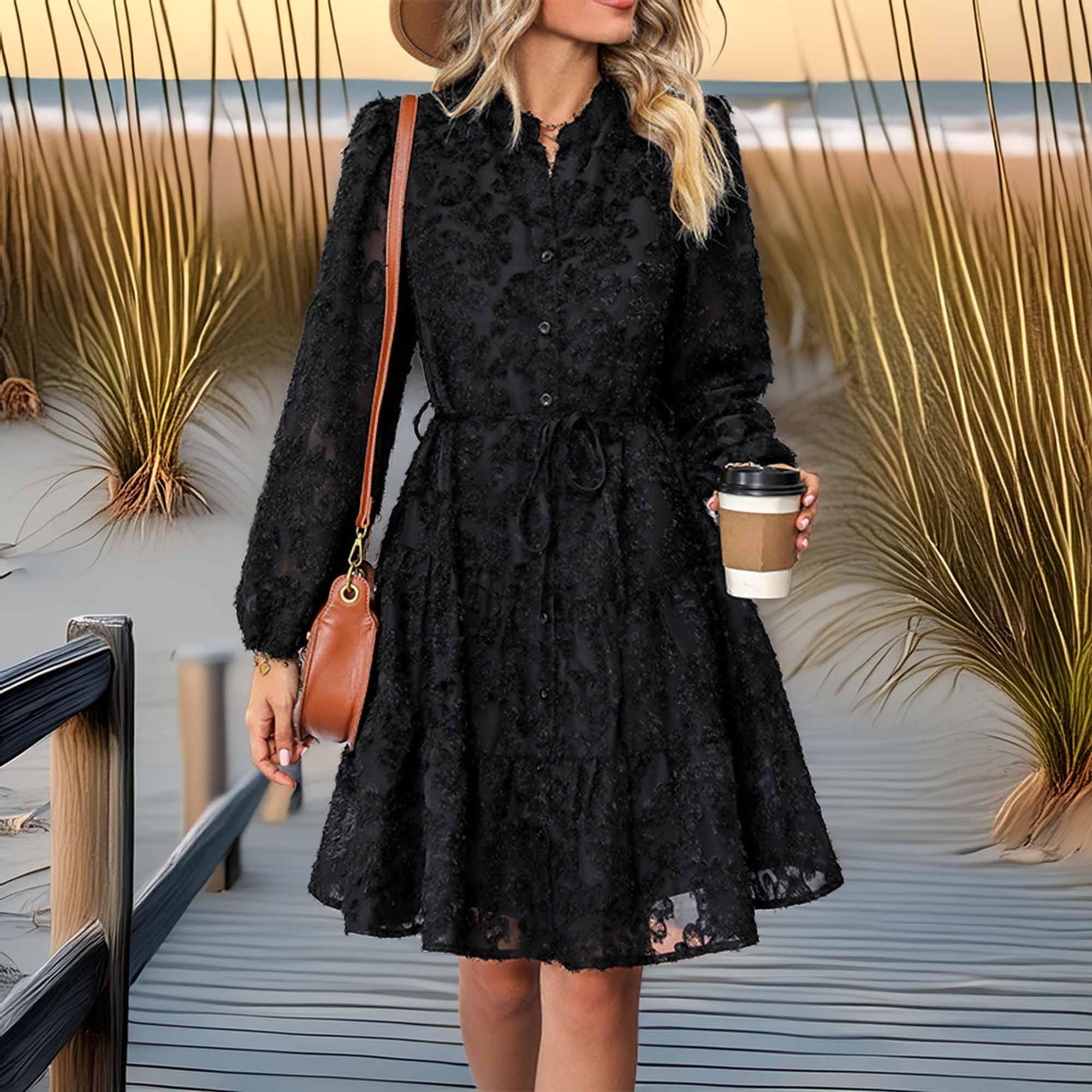 Perfee V-Neck Long Sleeve Buttoned Dress - Southern Shores Clothing
