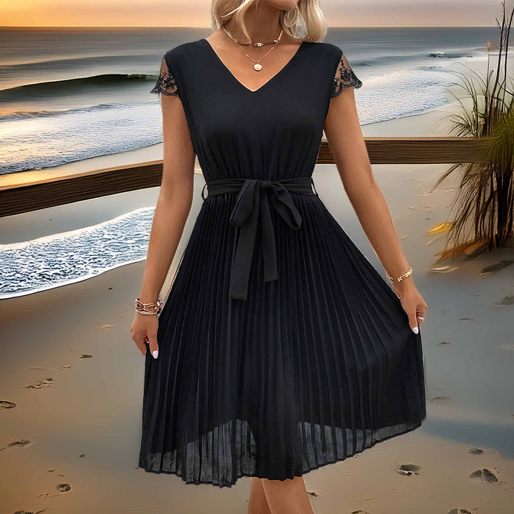 Perfee V-Neck Tie Belt Pleated Dress