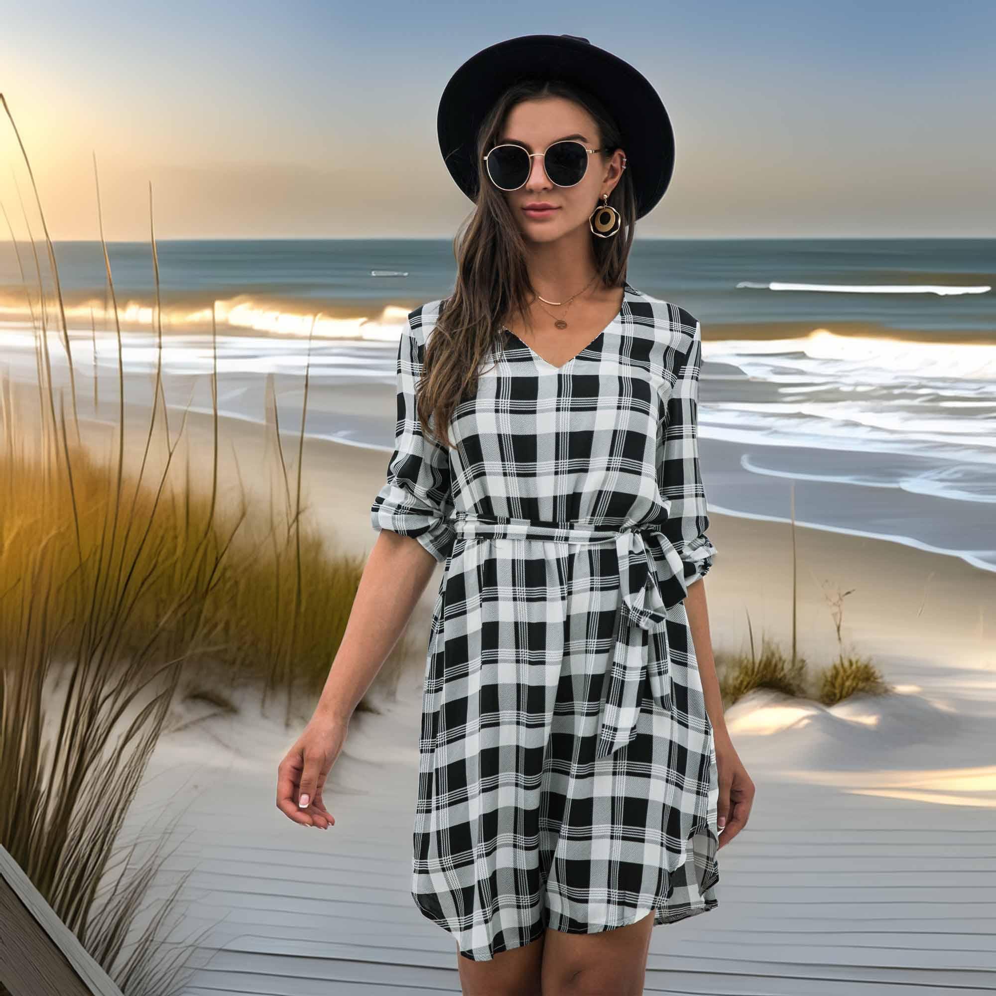 Plaid V-Neck Tie Waist Dress - Southern Shores Clothing