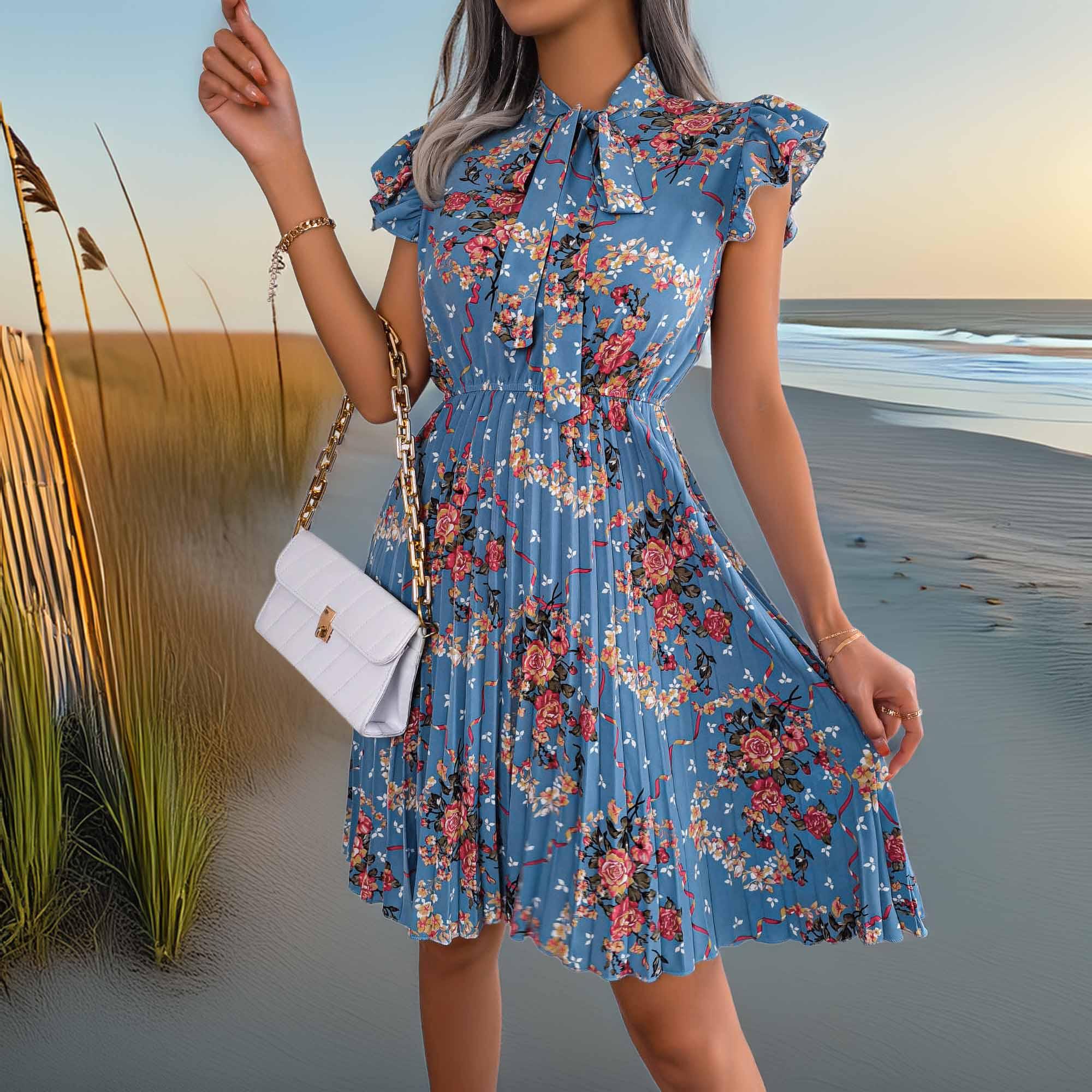 Pleated Floral Printed Tie Neck Knee Length Dress - Southern Shores Clothing