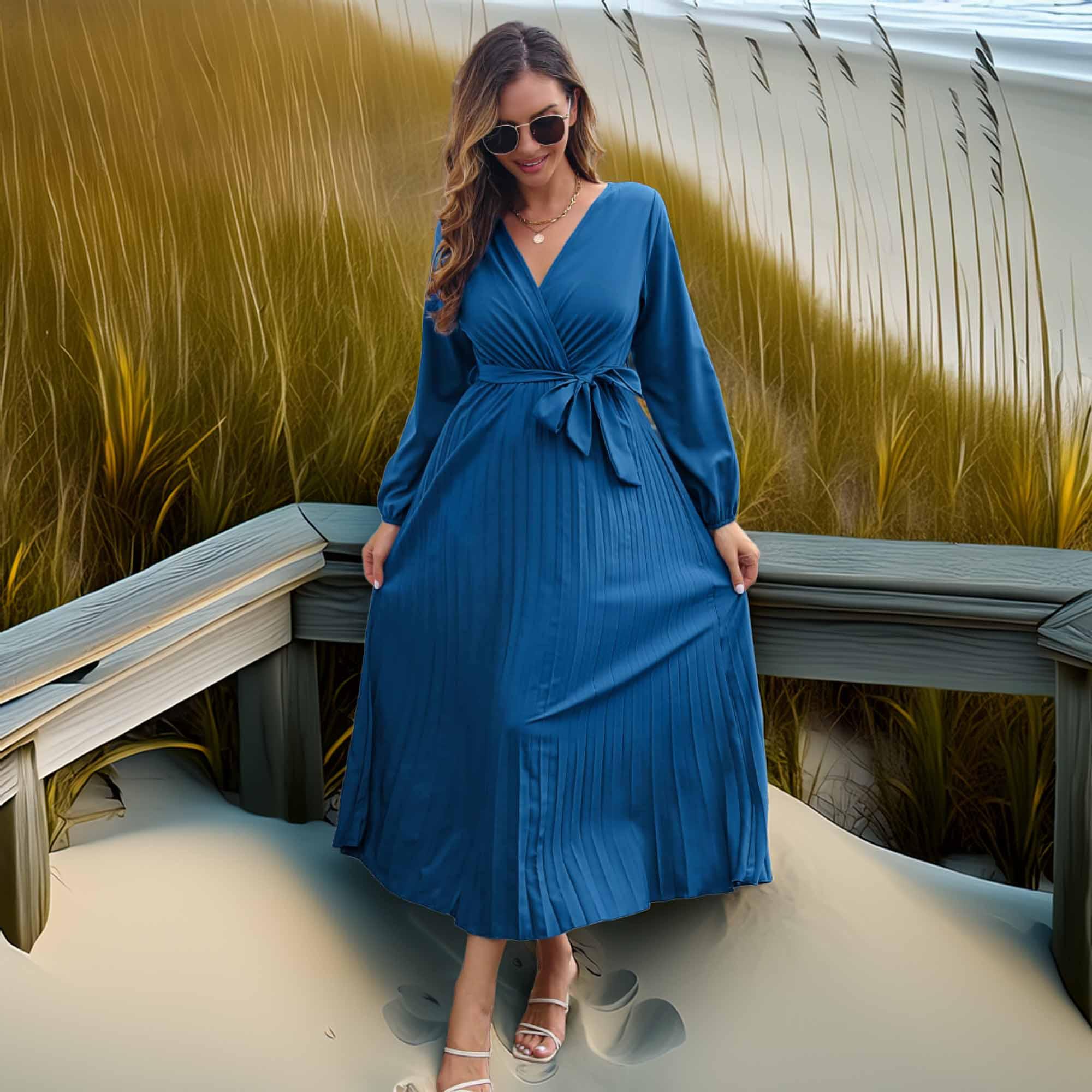 Pleated Long Sleeve Surplice Maxi Dress - Southern Shores Clothing