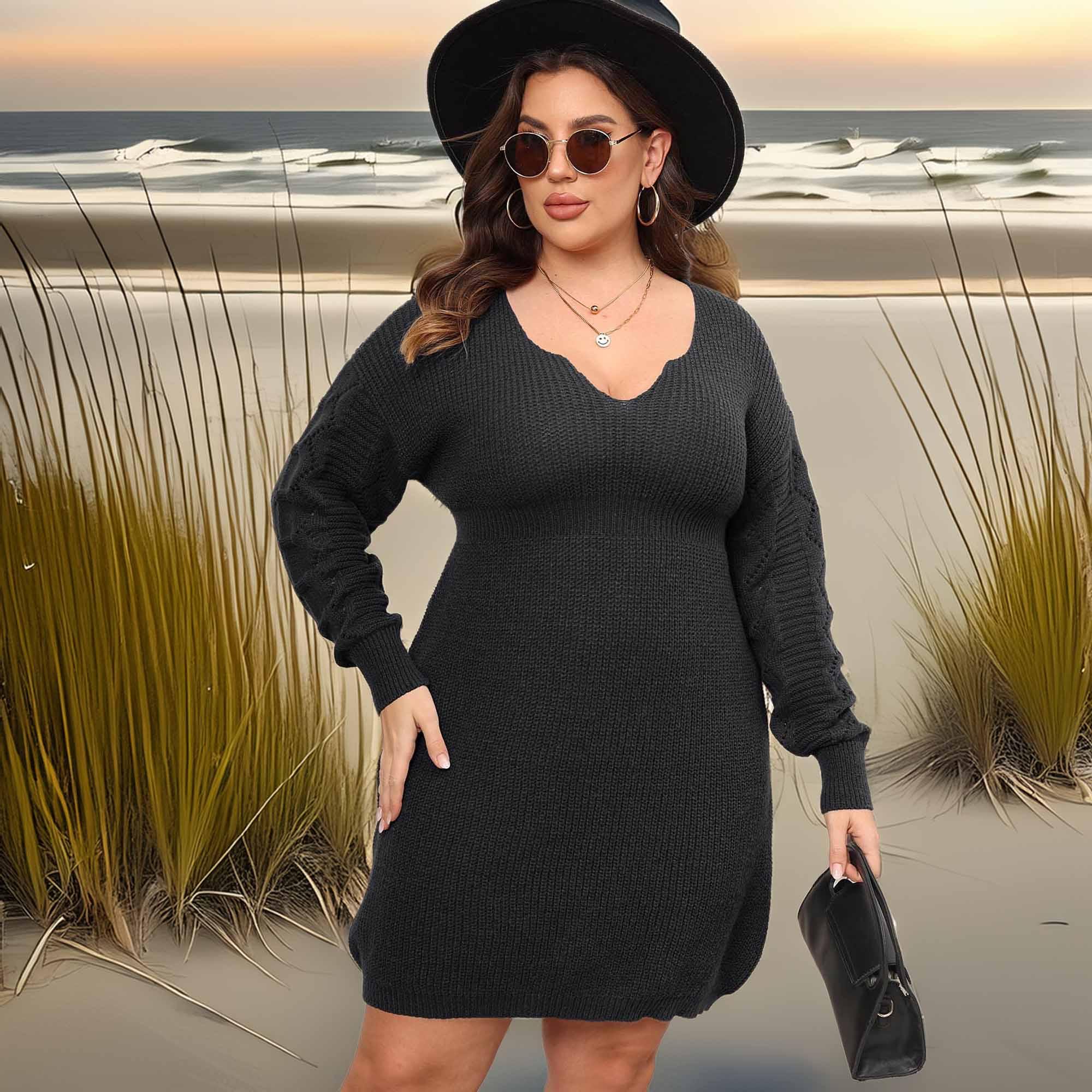 Plus Size Dropped Shoulder Long Sleeve Knit Mini Dress - Southern Shores Clothing