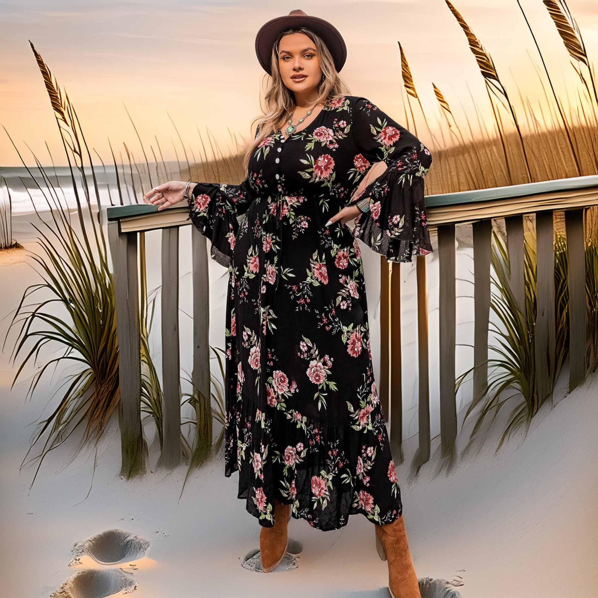 Plus Size Floral Flare Sleeve Dress - Southern Shores Clothing