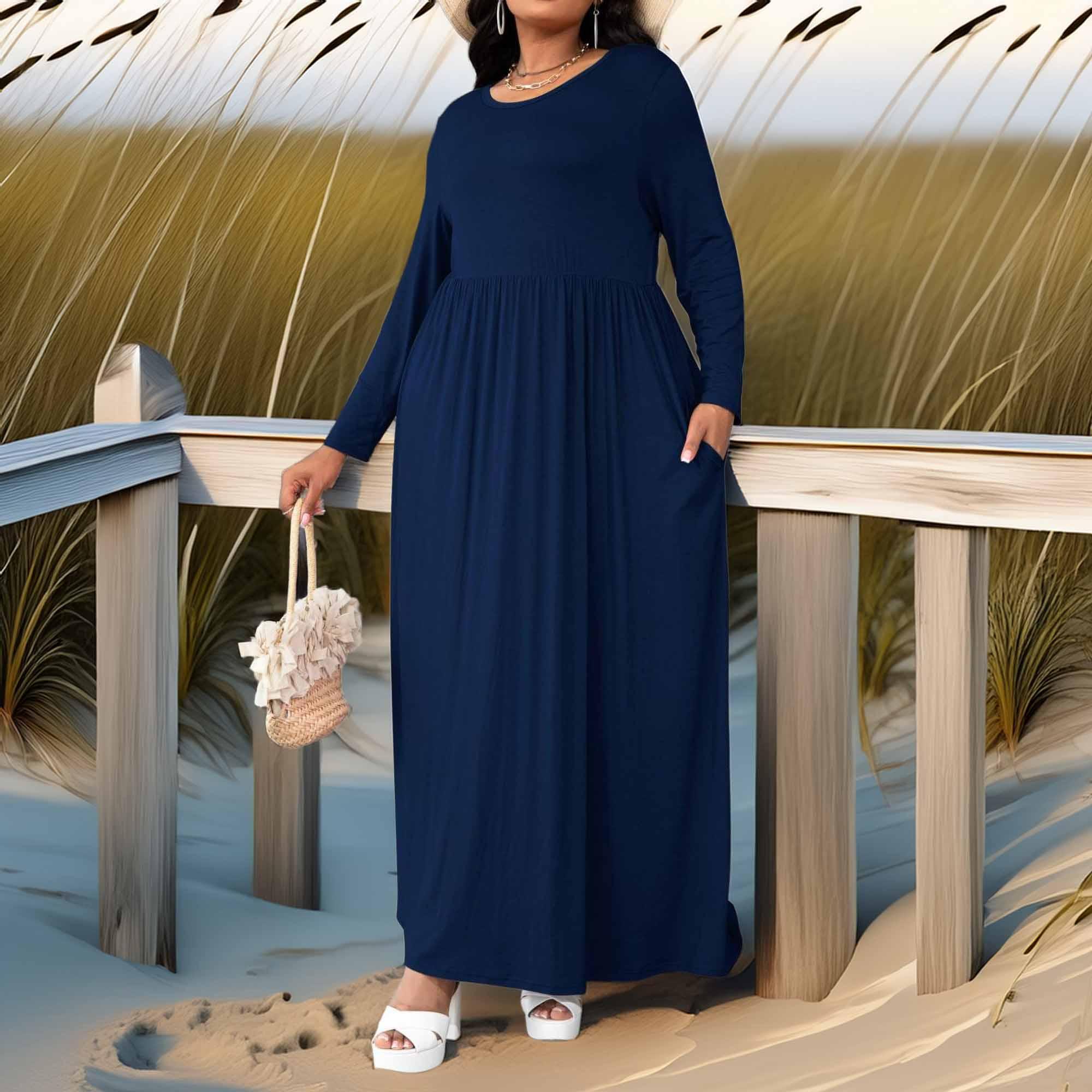 Plus Size Round Neck Long Sleeve Maxi Dress With Pockets - Southern Shores Clothing