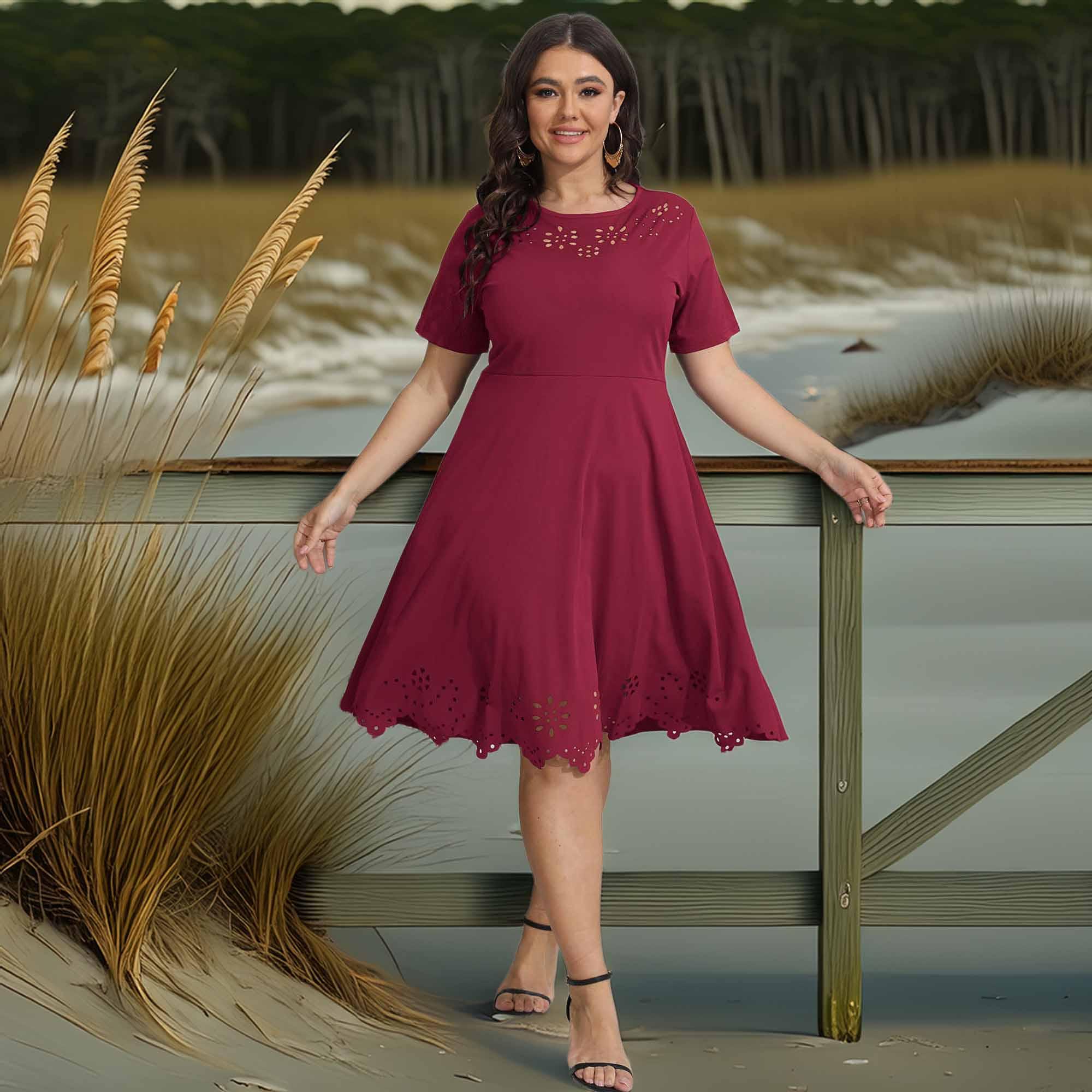 Plus Size Round Neck Openwork Dress - Southern Shores Clothing