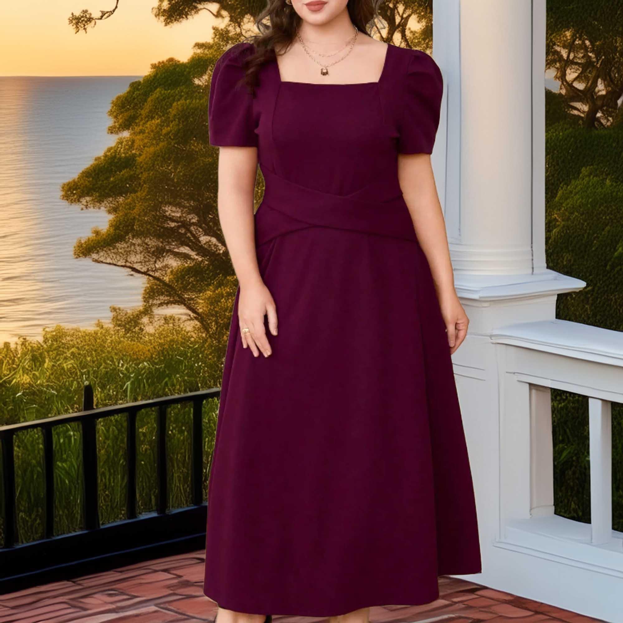 Plus Size Square-Neck Puff-Sleeve Mariner Midi Dress - Southern Shores Clothing