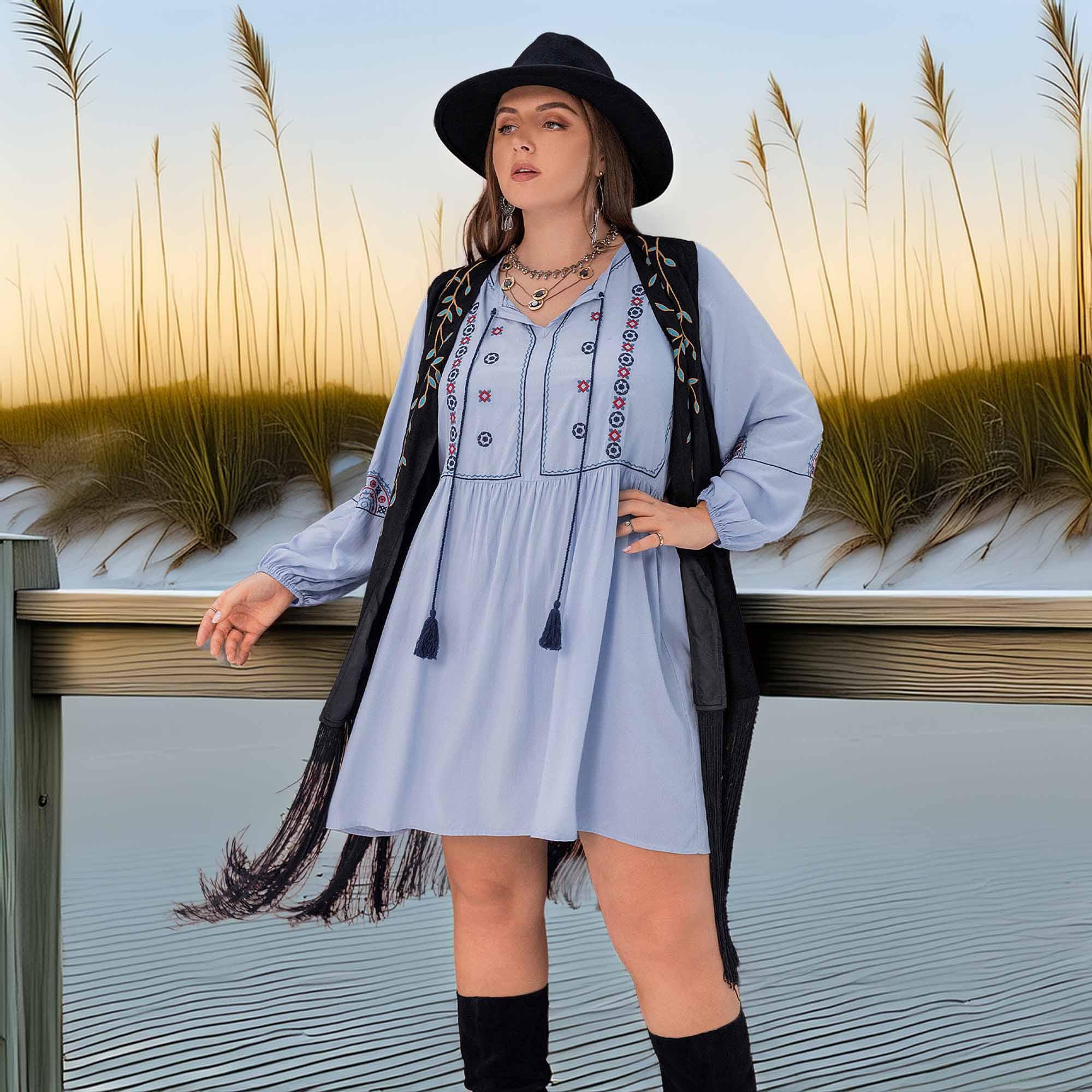 Plus Size Tie Neck Tassel Detail Long Sleeve Mini Dress - Southern Shores Clothing