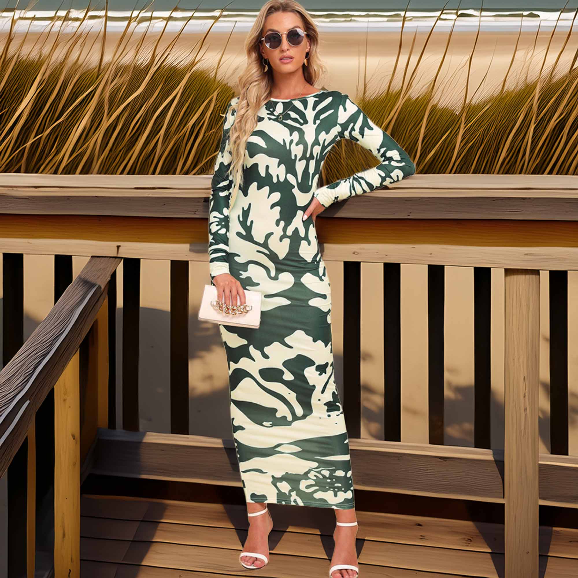 Printed Backless Long Sleeve Maxi Dress
