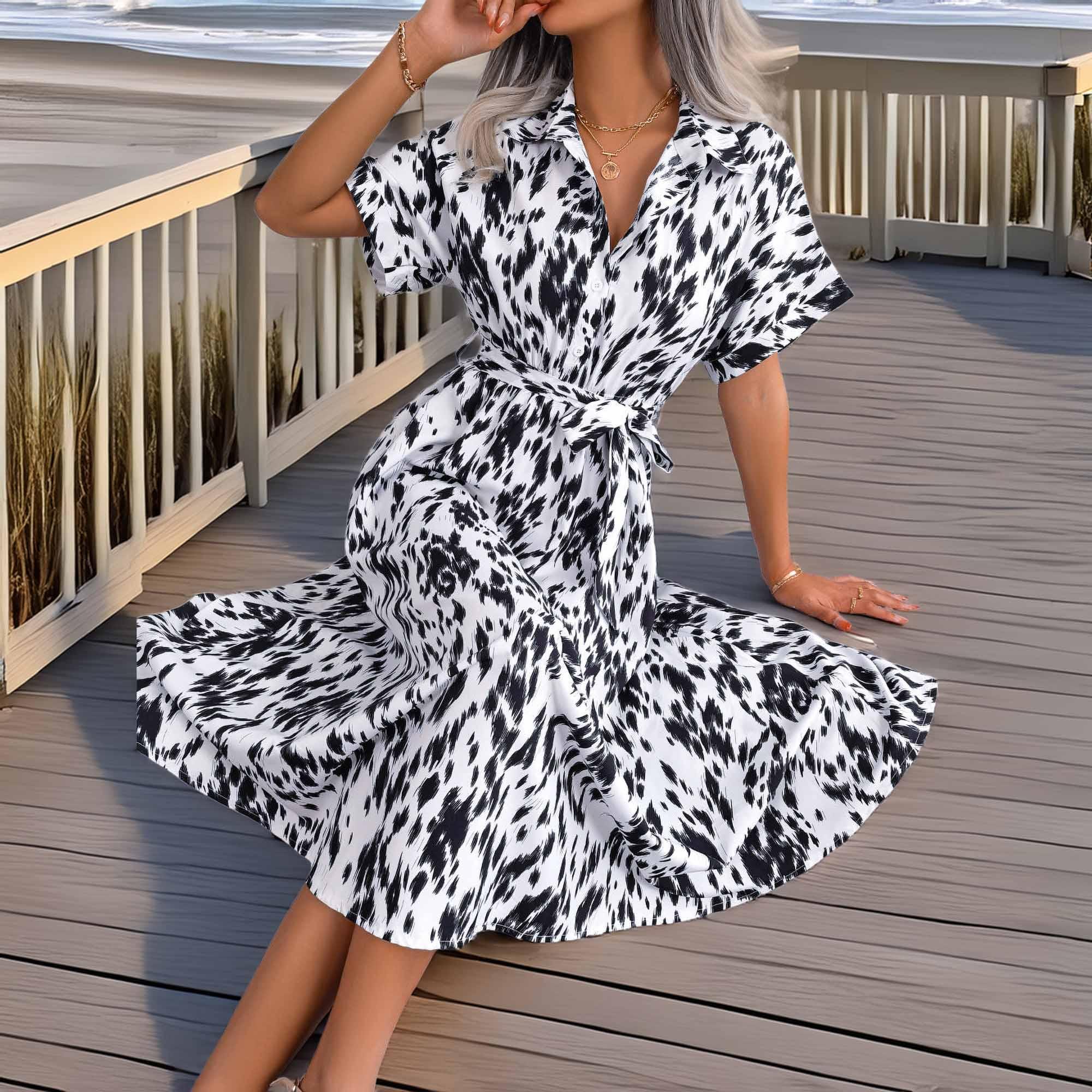Printed Collared Neck Short Sleeve Tie Waist Dress - Southern Shores Clothing