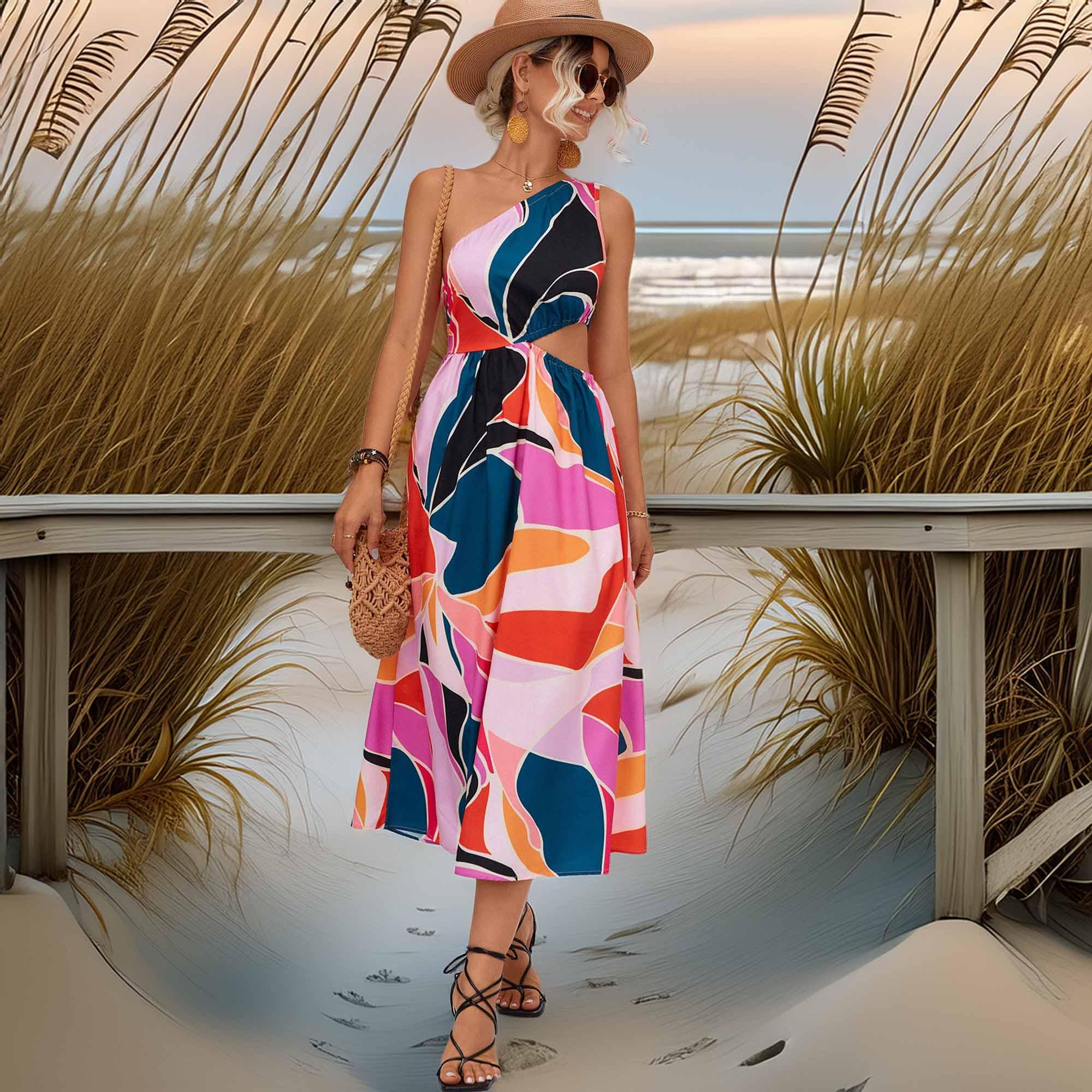 Printed Cutout One Shoulder Sleeveless Maxi Dress - Southern Shores Clothing