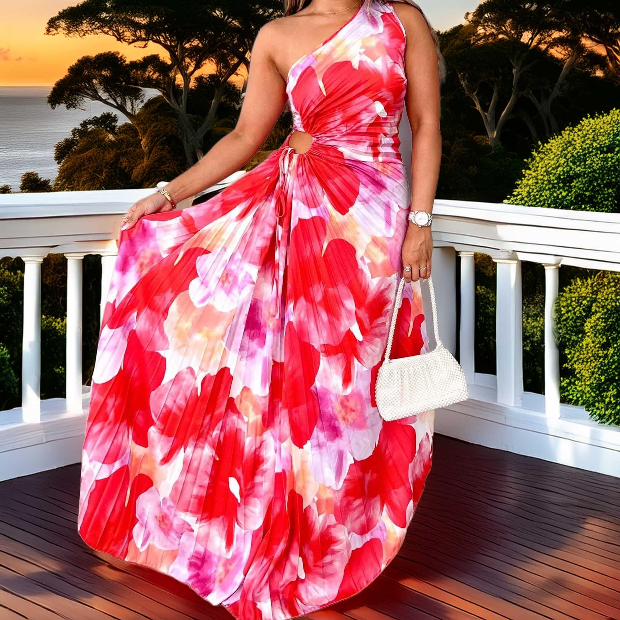 Printed One Shoulder Asymmetrical Bayside Maxi Dress - Southern Shores Clothing