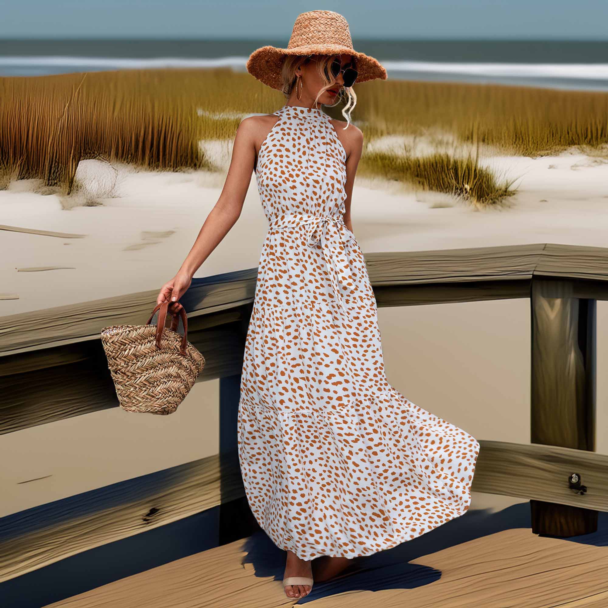 Printed Sleeveless Tie Waist Maxi Dress